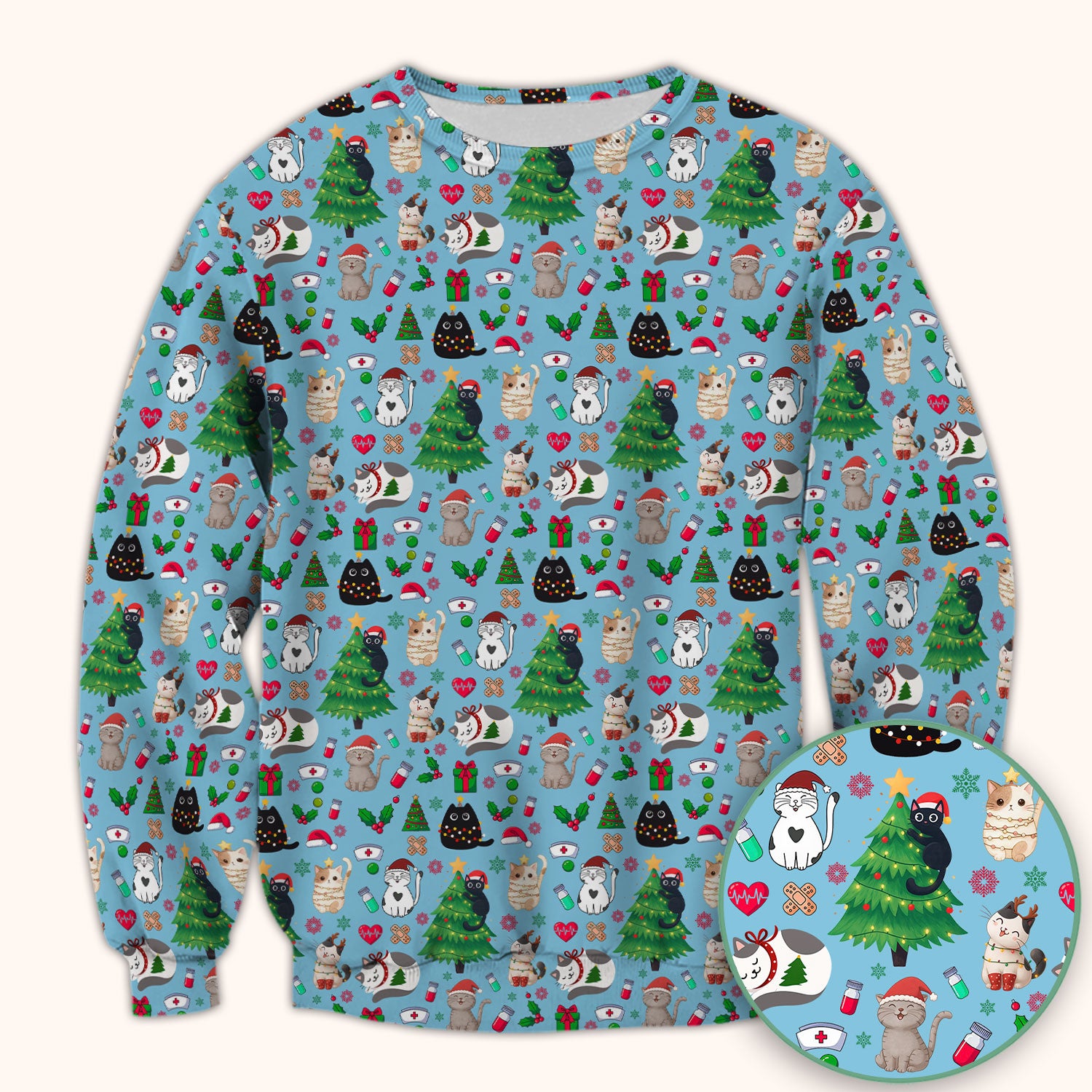 Christmas Cat Scrub Top, Xmas Pet Pattern Scrub Shirt, Breathable Fabrics Nursing Uniform