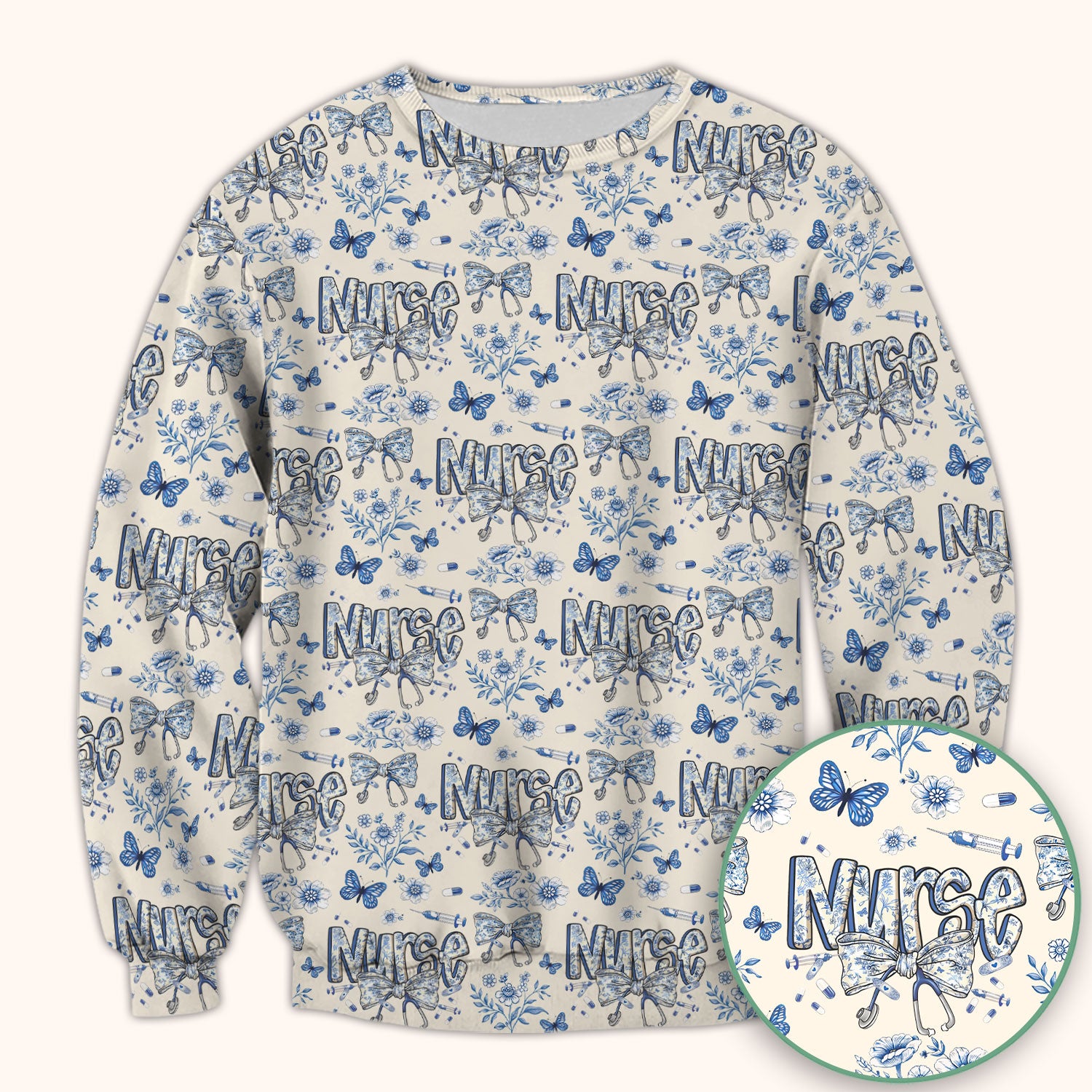 Blue Nurse Letter Bow Butterfly Floral Print Scrub Top, Comfortable Scrubs for Nurses