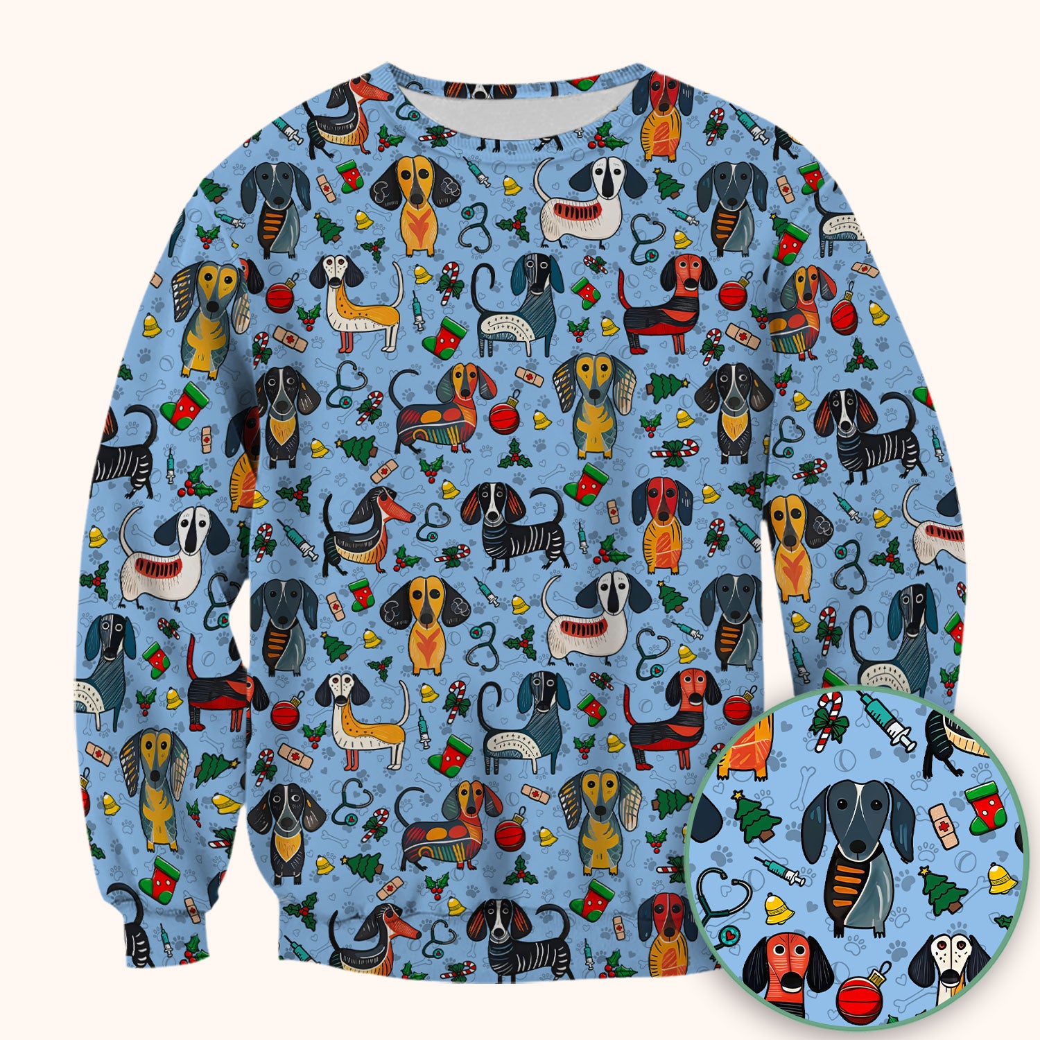 Christmas Wiener Dog Scrub Top - Funny Sausage Dog Nurse Shirt for Women - Holiday Medical Uniform