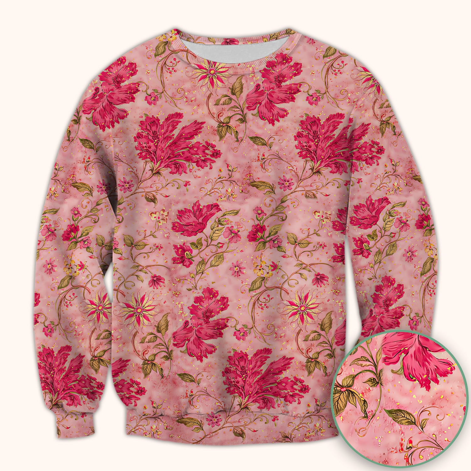 Elegant Pink Floral Vine Pattern Scrub Top, Breathable Fabrics Nursing Uniform