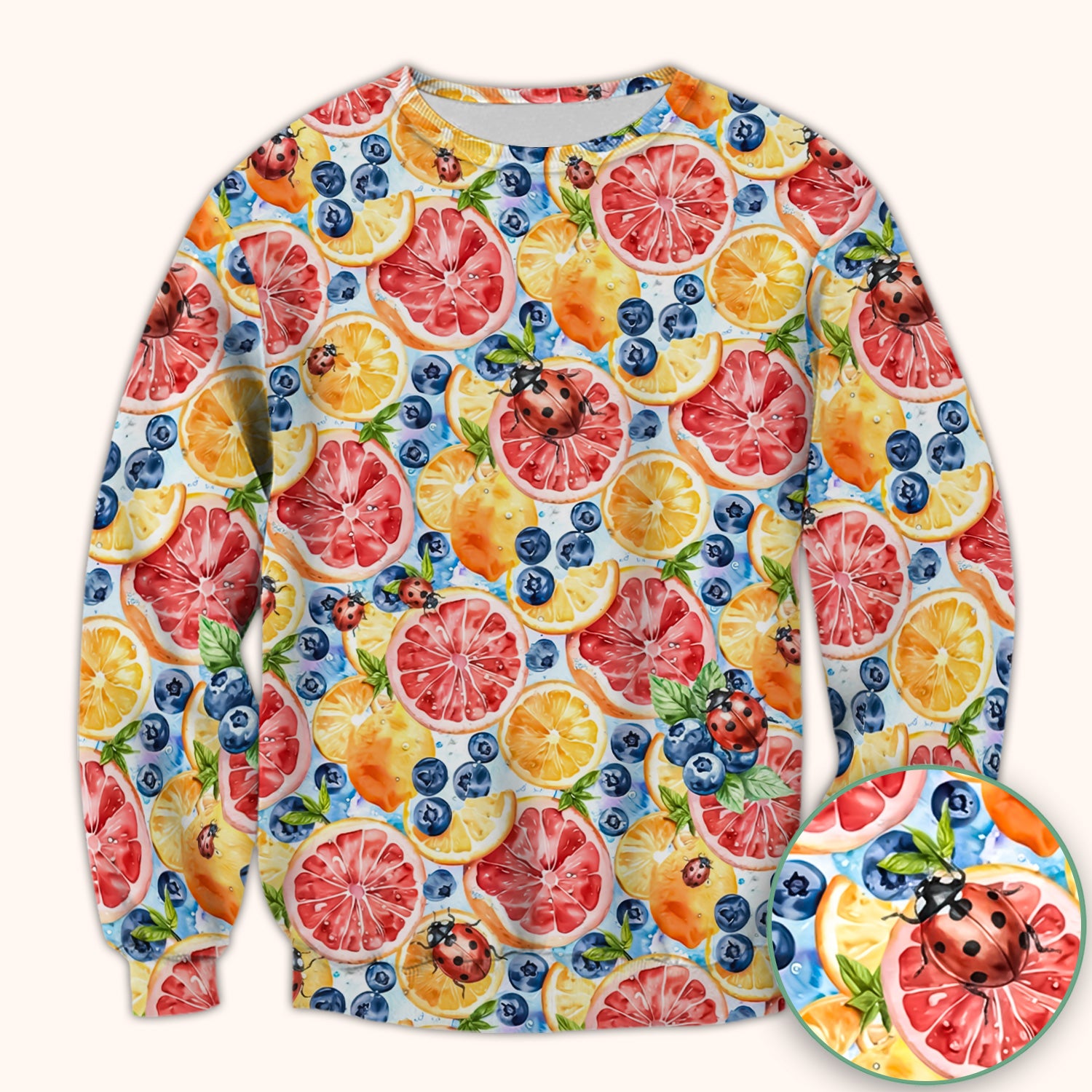 Cute Citrus Berry Ladybug Pattern Scrub Top, Comfortable Scrubs for Nurses