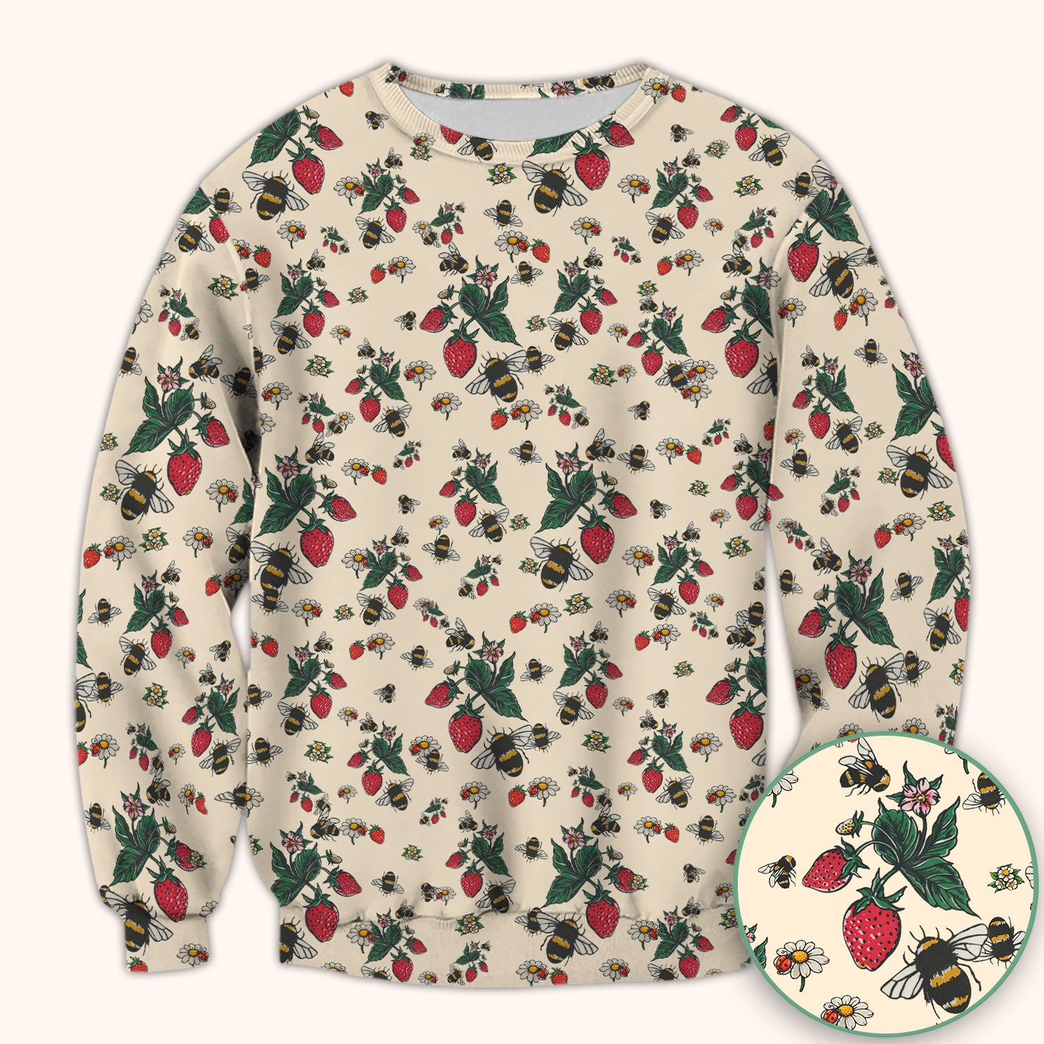 Cute Strawberry Bee Daisy Floral Pattern Scrub Top, Comfortable Scrubs for Nurses