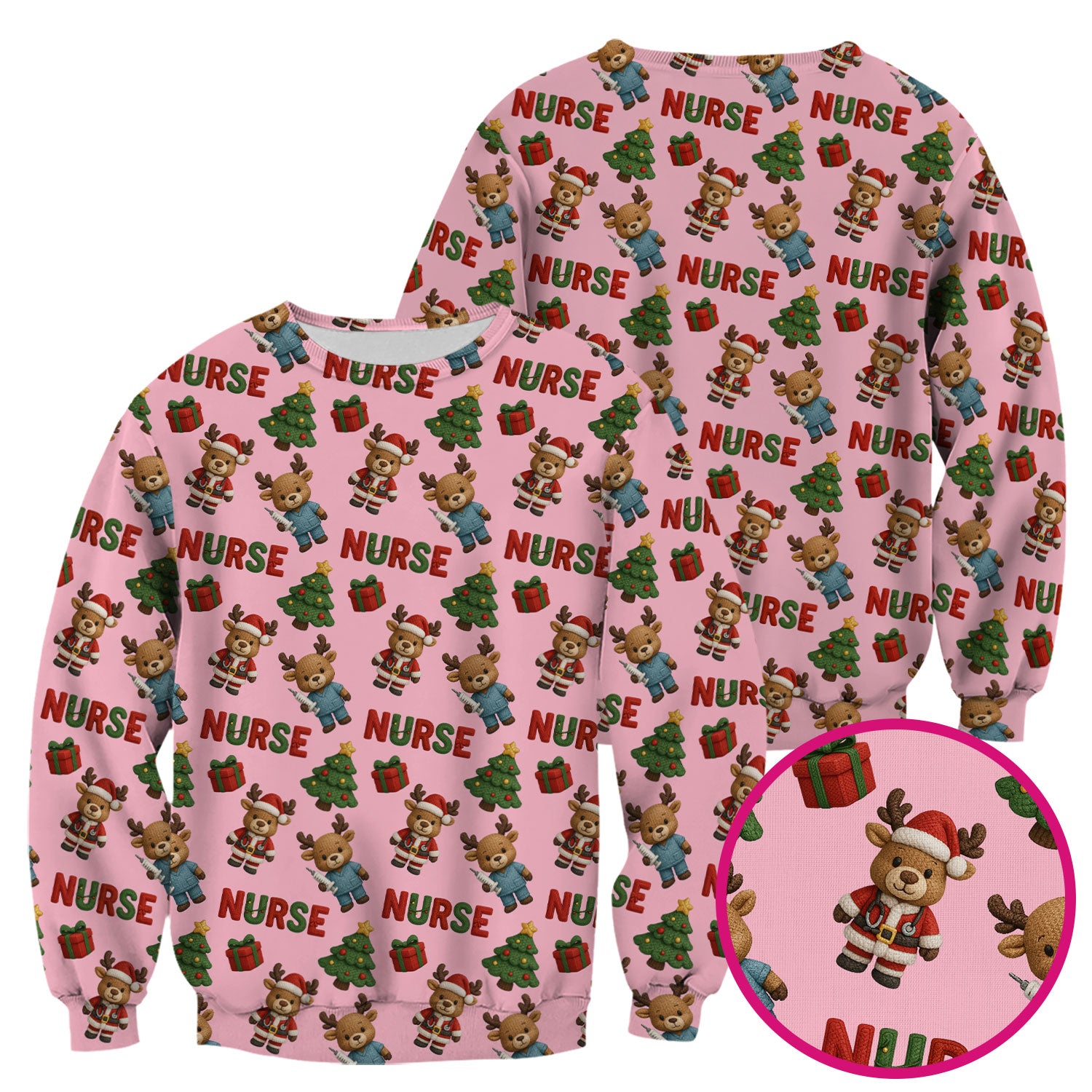 Reindeer Christmas Scrub Top, Cute Holiday Nurse Scrub Shirt, Festive Pattern Nursing Uniform