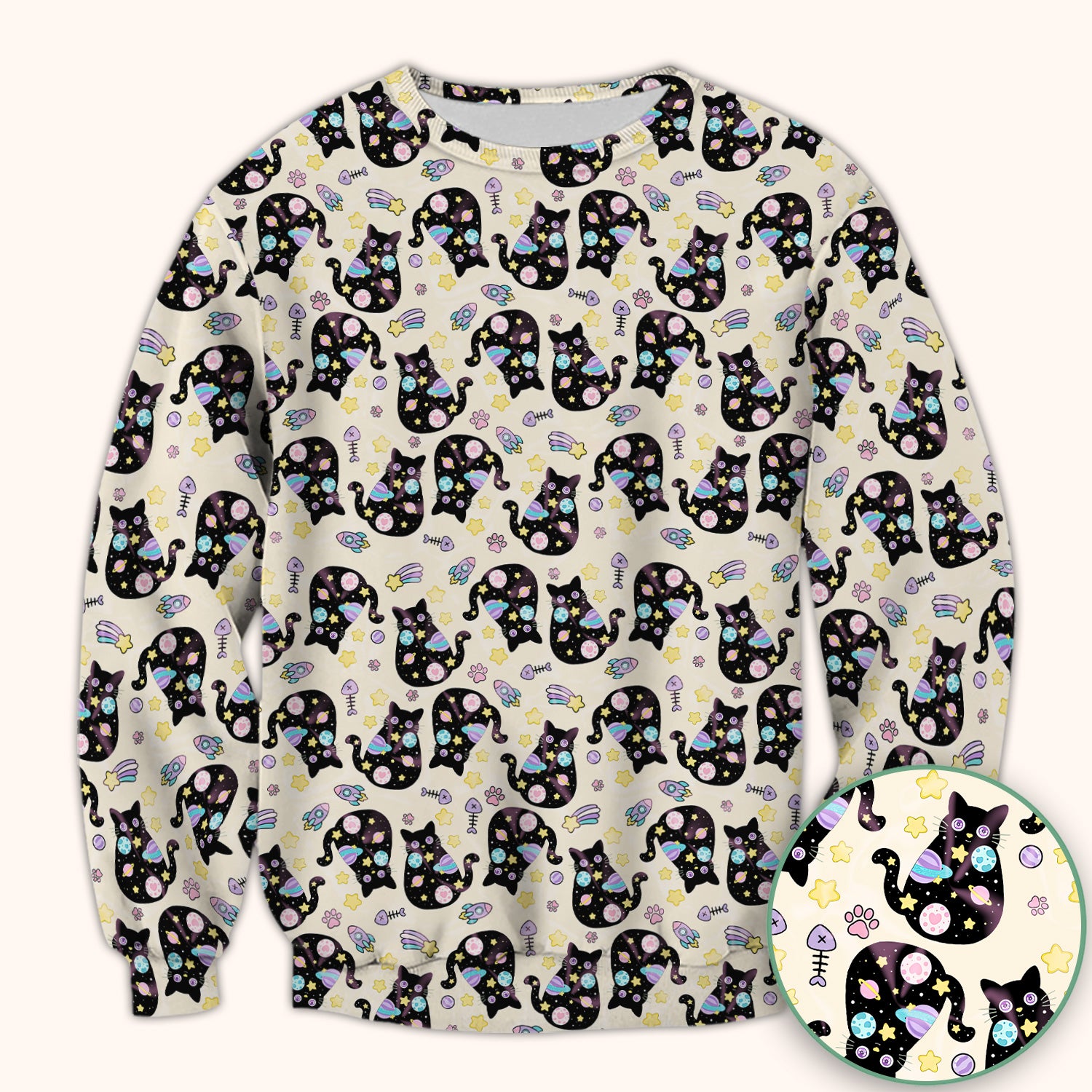 Galaxy Black Cat Space Pattern Scrub Top, Breathable Fabrics Nursing Uniform