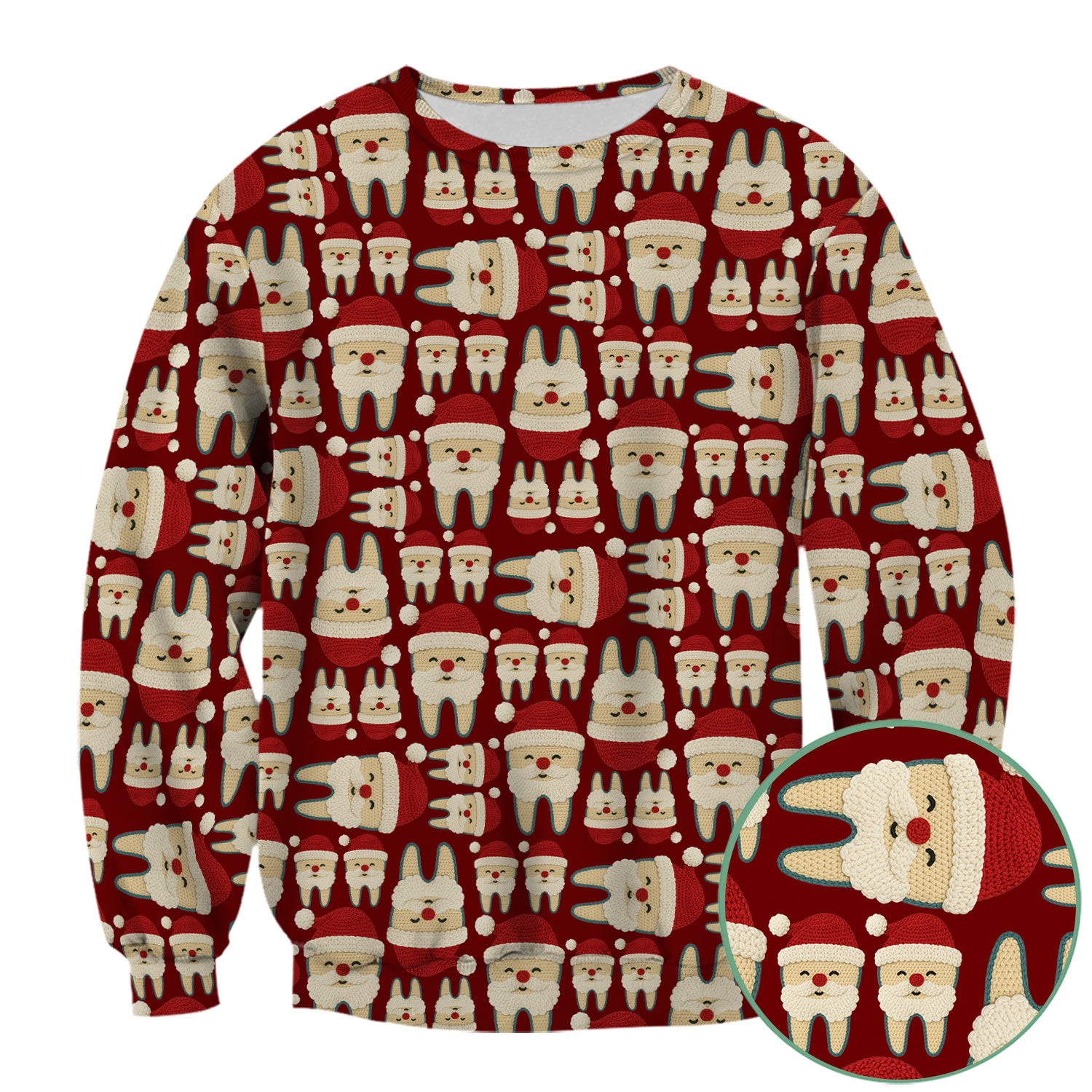 Christmas Tooth Scrub Top - Cute Santa Tooth Pattern for Dentists & Hygienists - Crochet Style Holiday Medical Uniform for Women