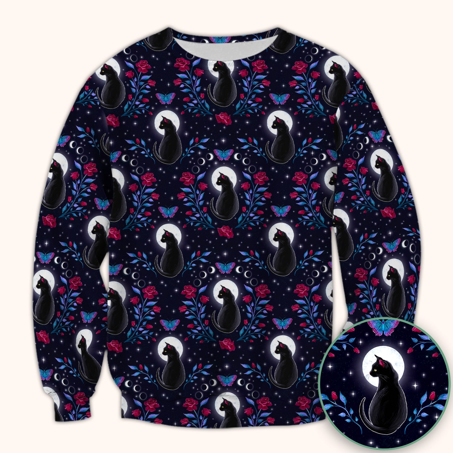 Black Cat Moon Rose Print Scrub Top, Comfortable Scrubs for Nurses