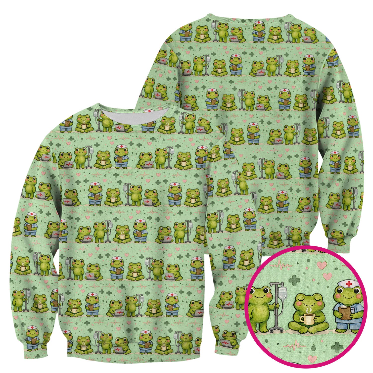 Adorable Frog Nurse Various Poses Print Scrub Top, Comfortable Scrubs for Nurses