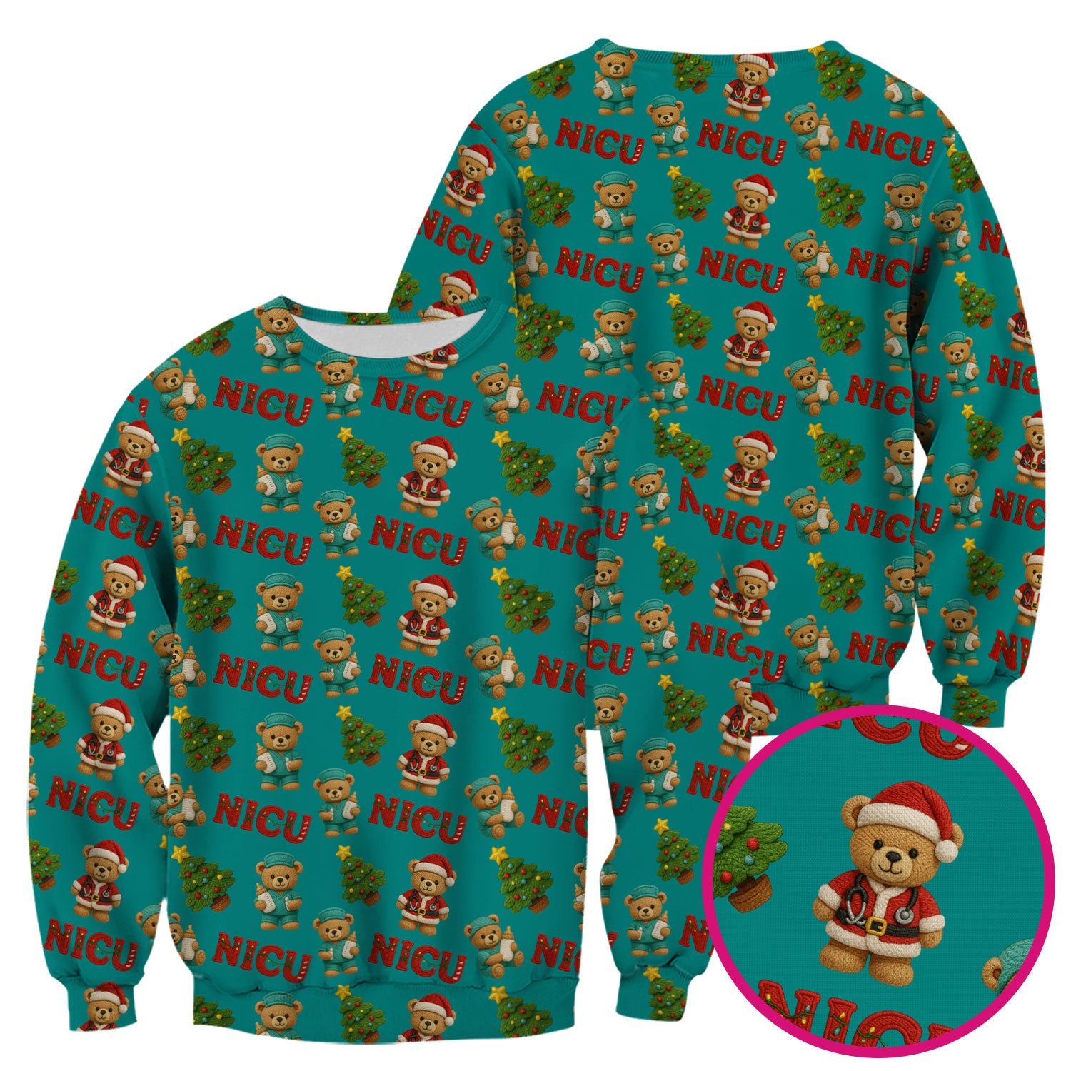 Festive Christmas NICU Nurse Teddy Bear Pattern, Breathable Fabrics Nursing Uniform