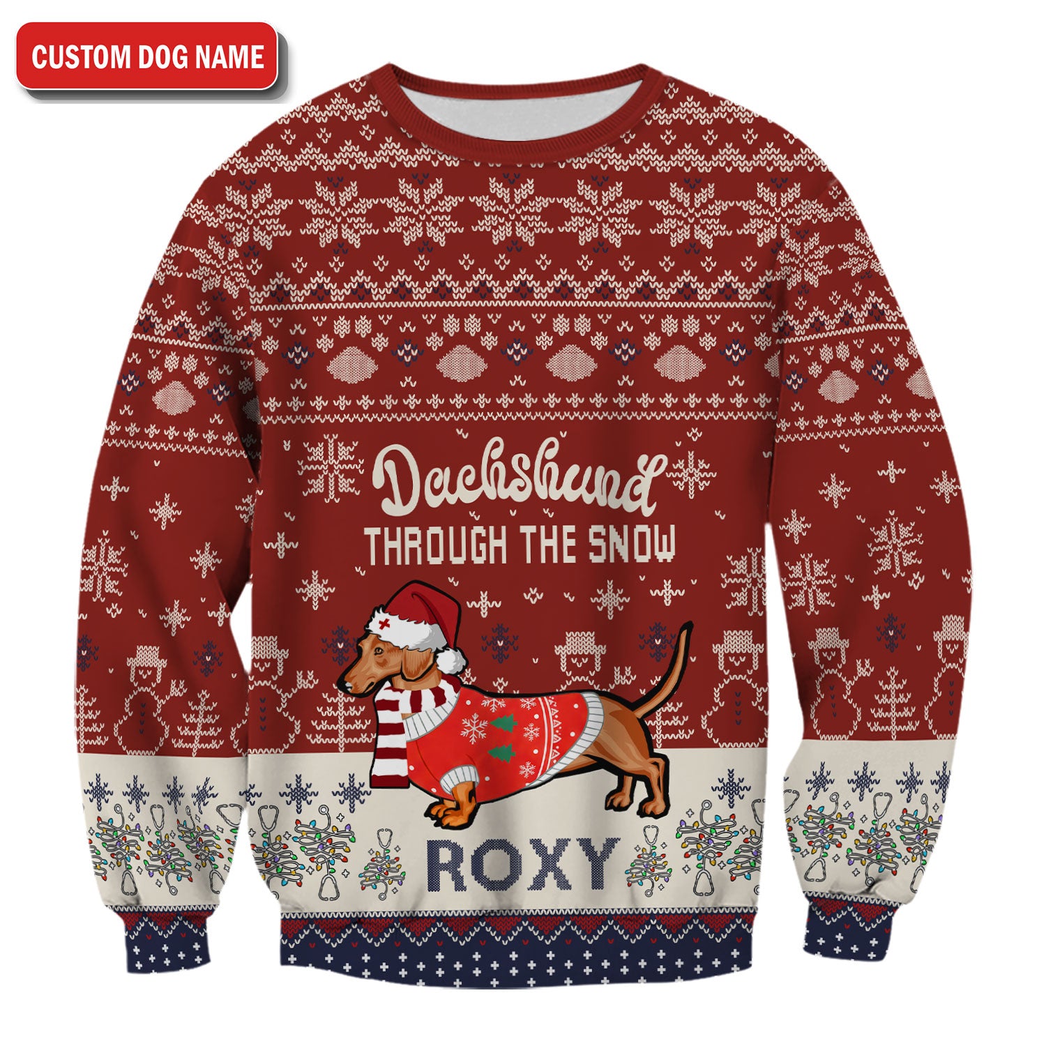 Funny Wiener Dog Christmas Ugly Scrub Top - Custom Name Dachshund Through The Snow - Cute Holiday Medical Uniform