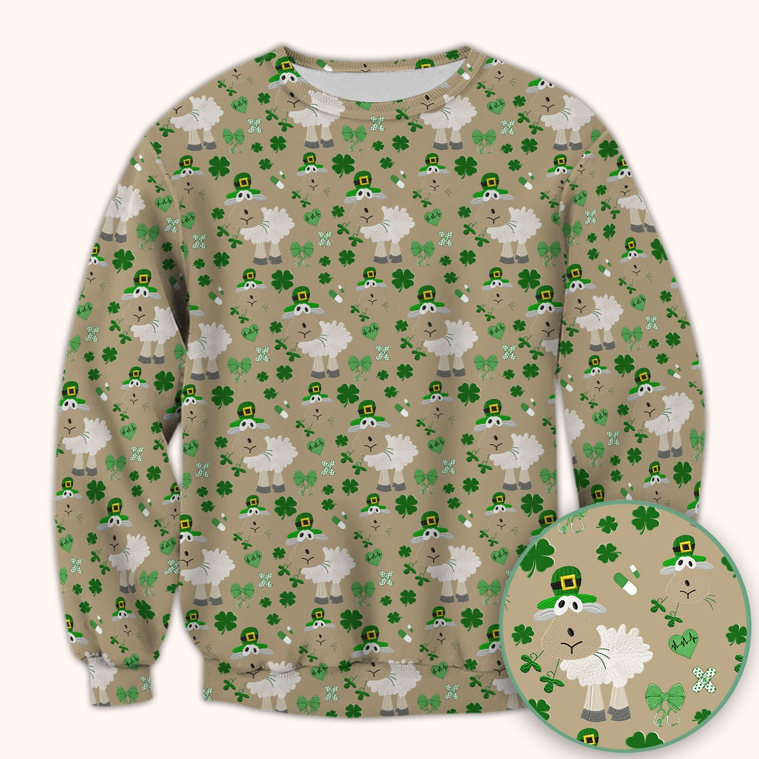 Nurse St. Patrick Scrubs Top, Cute Sheep Shamrock Pattern Nurse Shirt, Breathable Fabrics Nursing Uniform