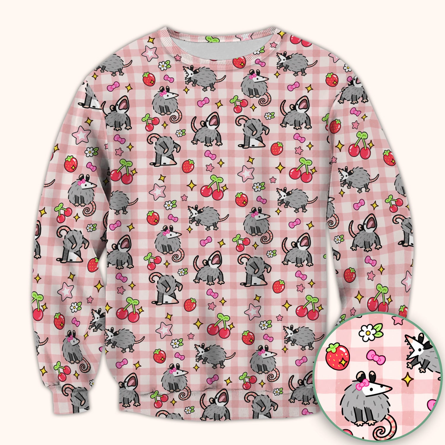 Cute Opossum And Cherries Gingham Pattern Scrub Top, Comfortable Scrubs for Nurses