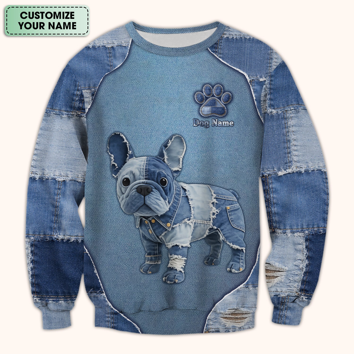 Custom Dog Name Denim French Bulldog Scrub Top, Breathable Fabrics Nursing Uniform