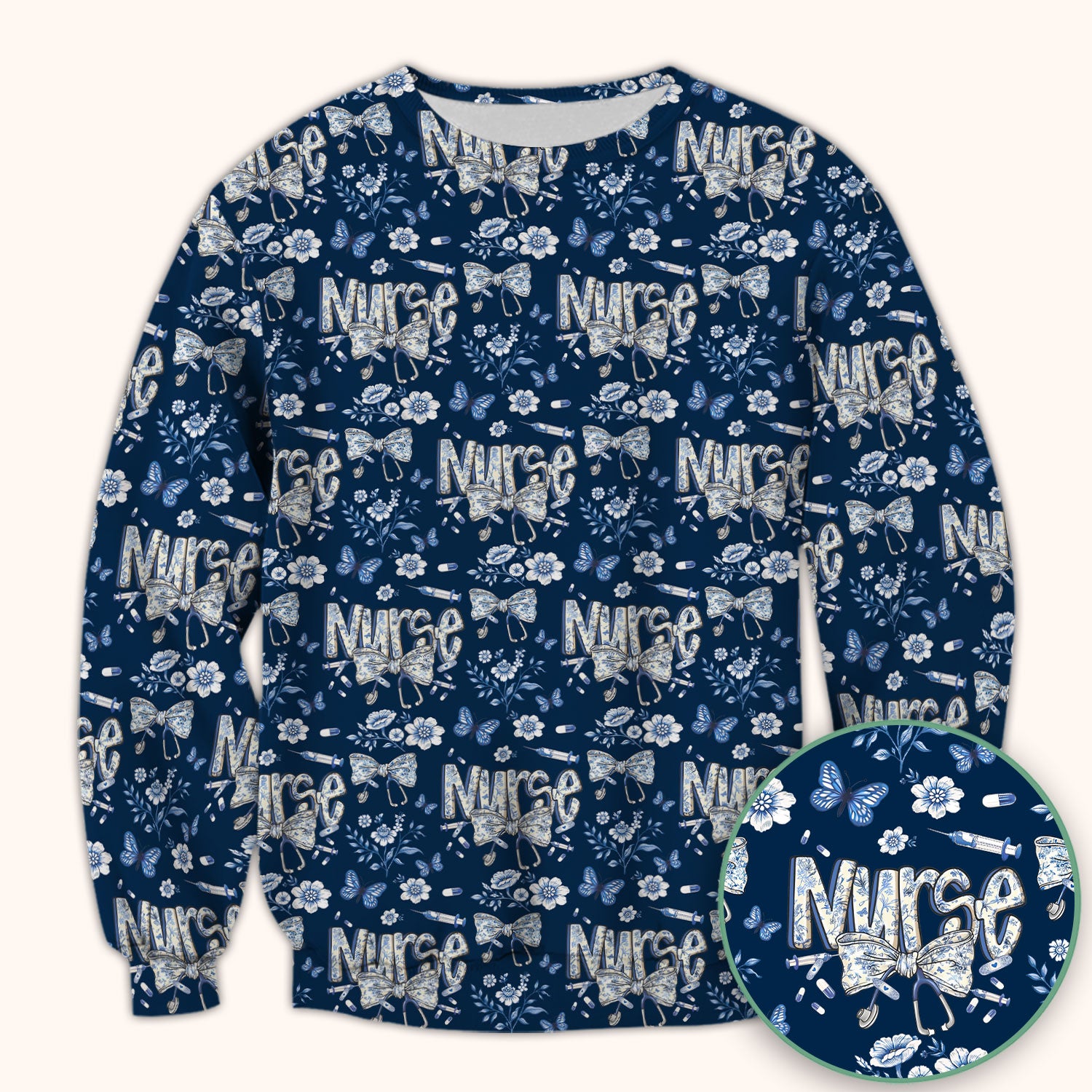 Blue Nurse Letter Bow Butterfly Floral Print Scrub Top, Comfortable Scrubs for Nurses
