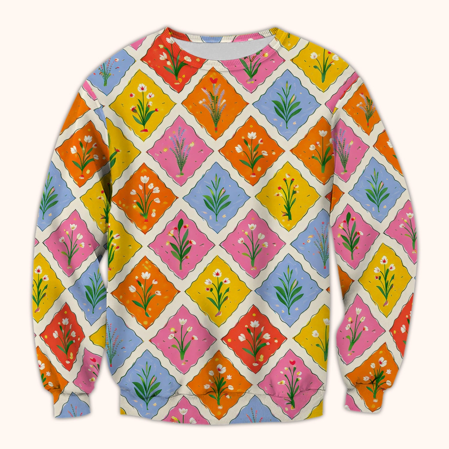 Cute Colorful Floral Tile Pattern Scrub Top, Breathable Fabrics Nursing Uniform