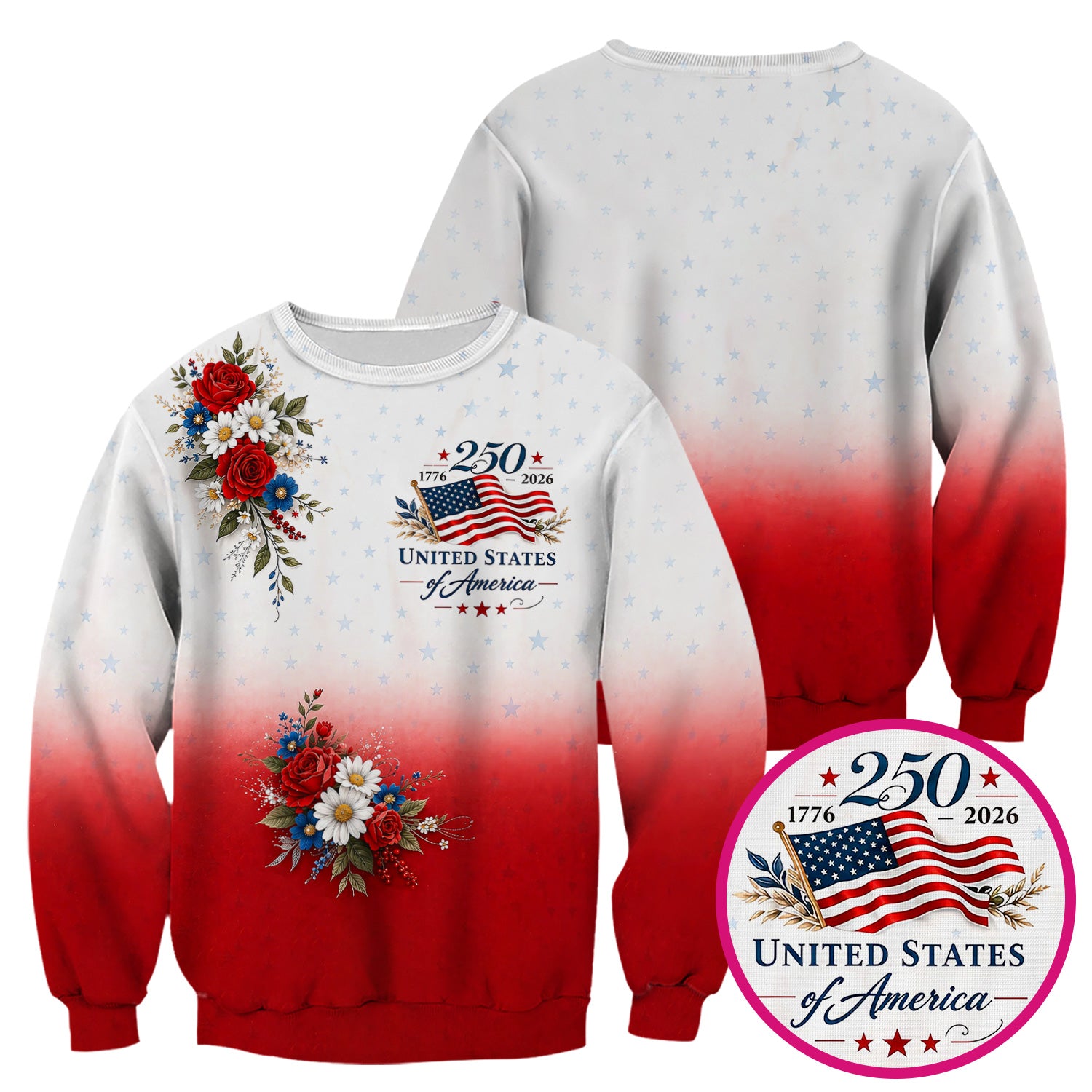 Patriotic 250th Flag Floral Pattern Scrub Top, Comfortable Scrubs for Nurses