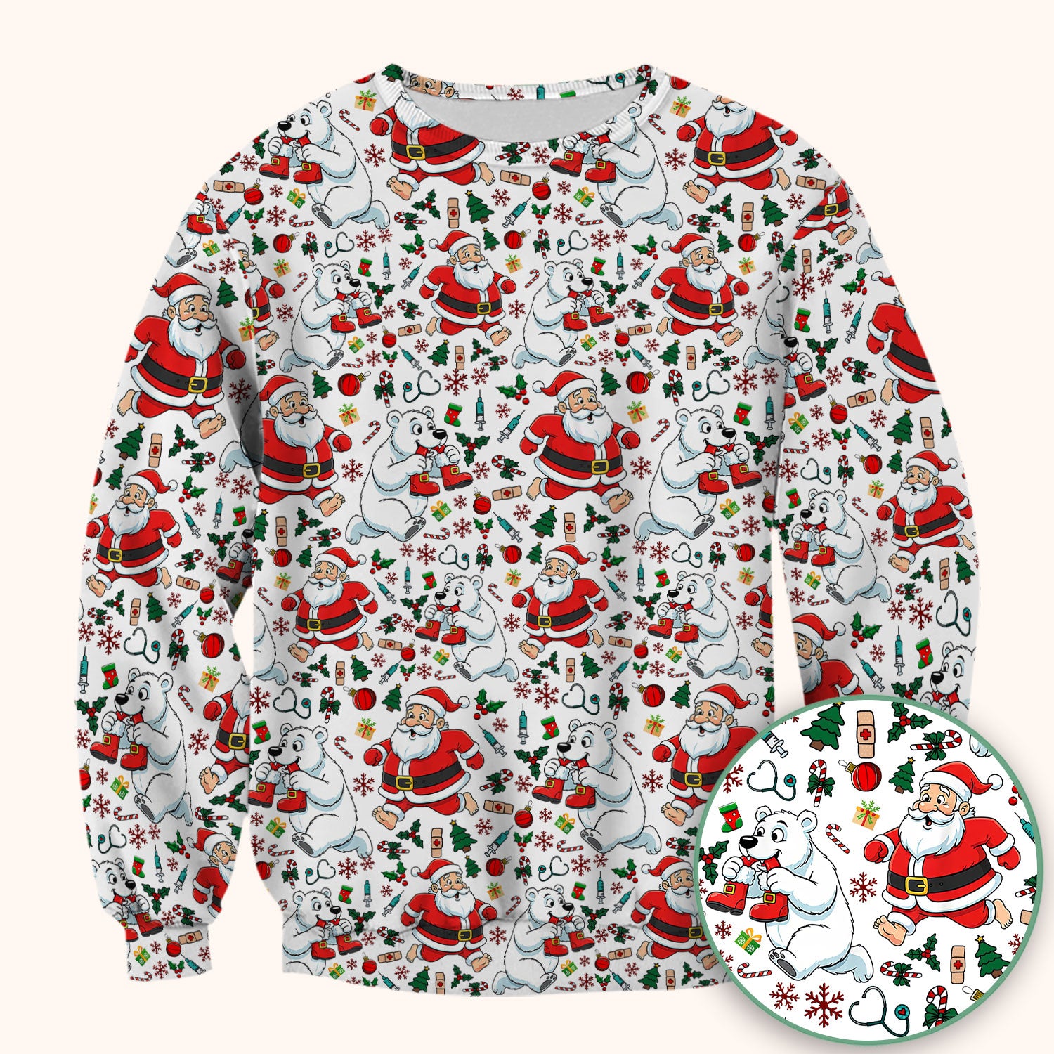 Christmas Santa & Polar Bear Scrub Top - Funny Holiday Nurse Shirt for Women - Cute Winter Medical Uniform