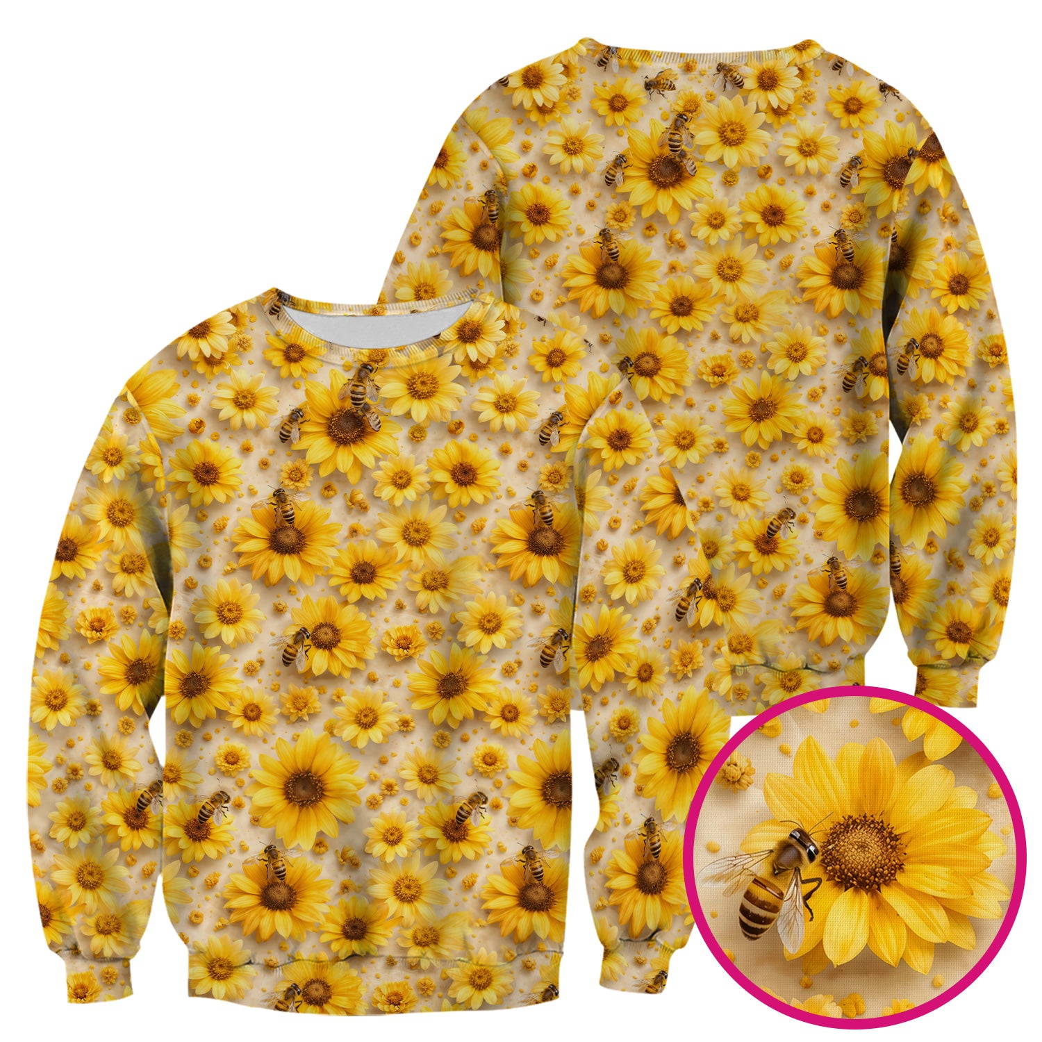 Yellow Sunflower Bee Garden Bloom Pattern Scrub Top, Breathable Fabrics Nursing Uniform