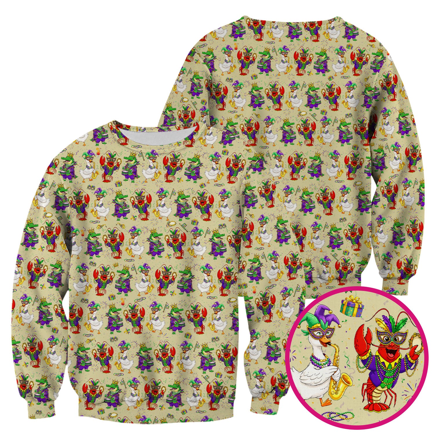 Crawfish And Duck Carnival Scrub Top, Mardi Gras Parade Pattern Nurse Shirt, Breathable Fabrics Nursing Uniform