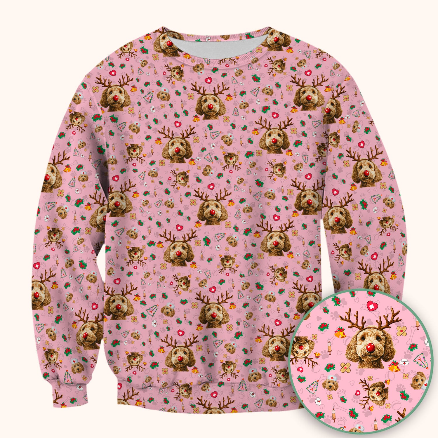 Labradoodle Reindeer Christmas Scrub Top - Funny Dog Nurse Shirt - Cute Holiday Medical Uniform for Women RN LPN CNA Gift