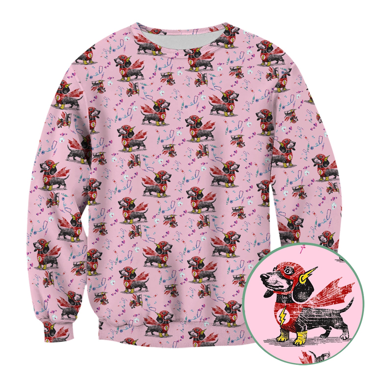 Dachshund Hero Scrub Top for Nurses - Super Nurse Funny Flash Dog Print Medical Uniform Shirt - Cute Sausage Dog Gift for RN CNA LPN