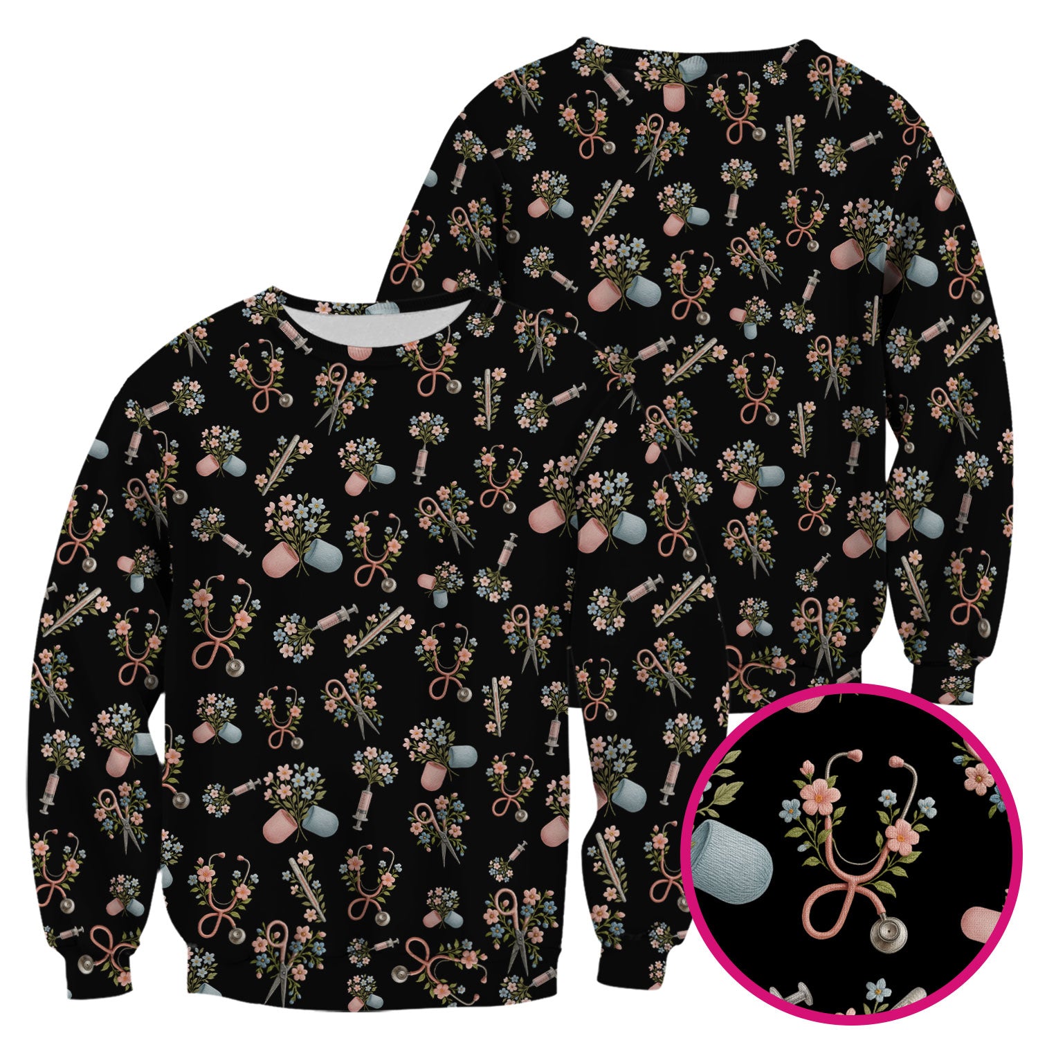 Floral Medical Scrub Top, Elegant Stethoscope With Flower Nursing Shirt, Breathable Fabrics Nurse Uniform