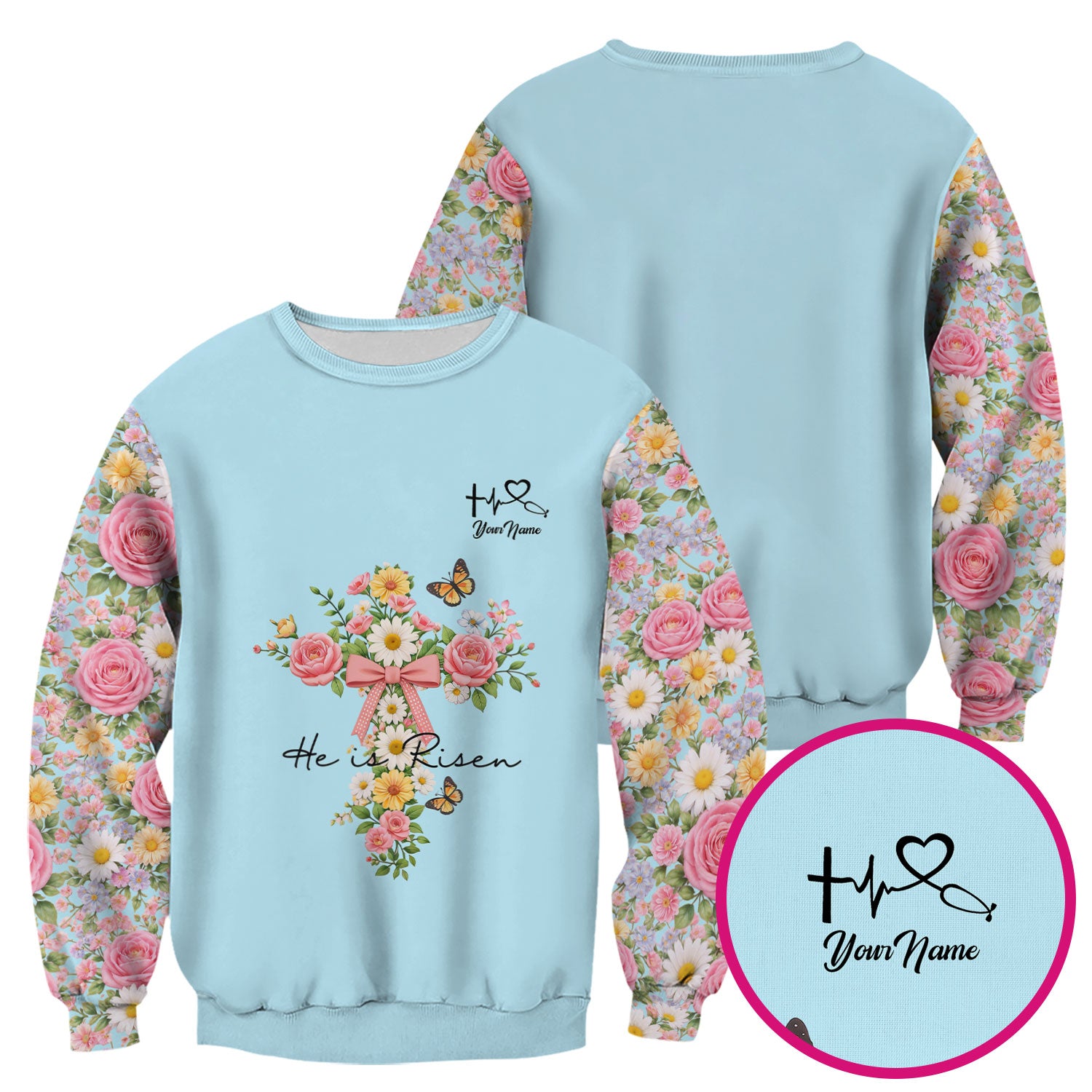 Personalized Meaningful Easter Nurse He Is Risen Floral Cross Bow Pattern Scrub Top, Comfortable Scrubs for Nurses