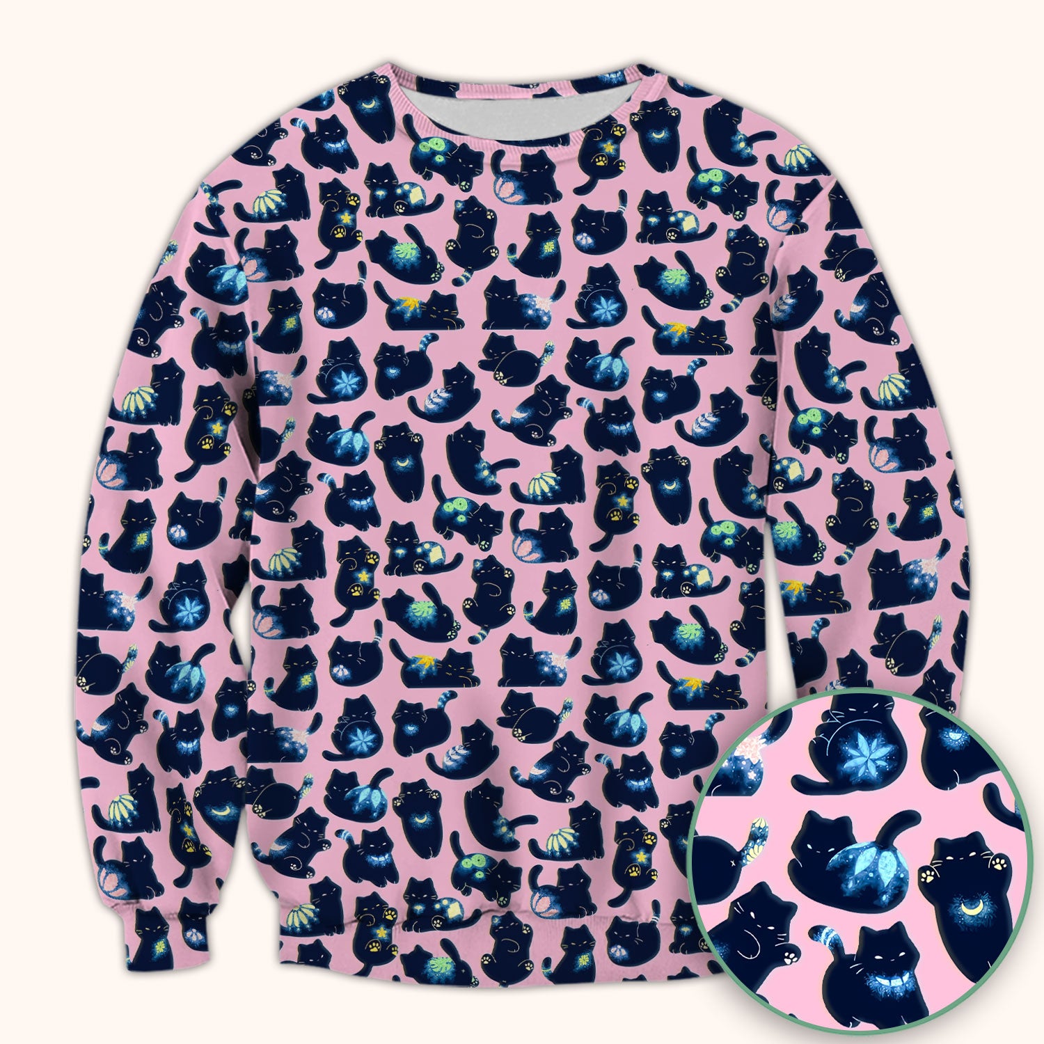 Midnight Cat Scrub Top, Black Cat Pattern Nurse Shirt, Breathable Fabrics Nursing Uniform