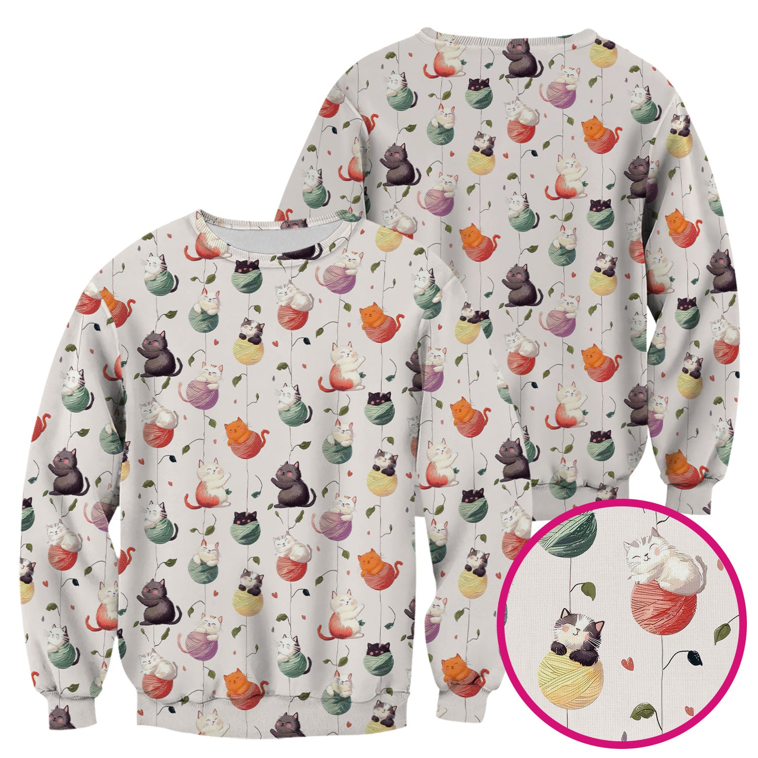 Cute Cats Playing Yarn Balls Pattern Print Scrub Top, Comfortable Scrubs for Nurses