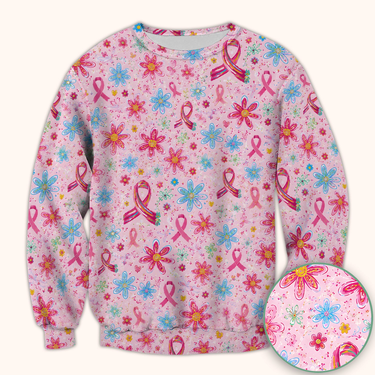 Floral Breast Cancer Awareness Print Scrub Top, Comfortable Scrubs for Nurses