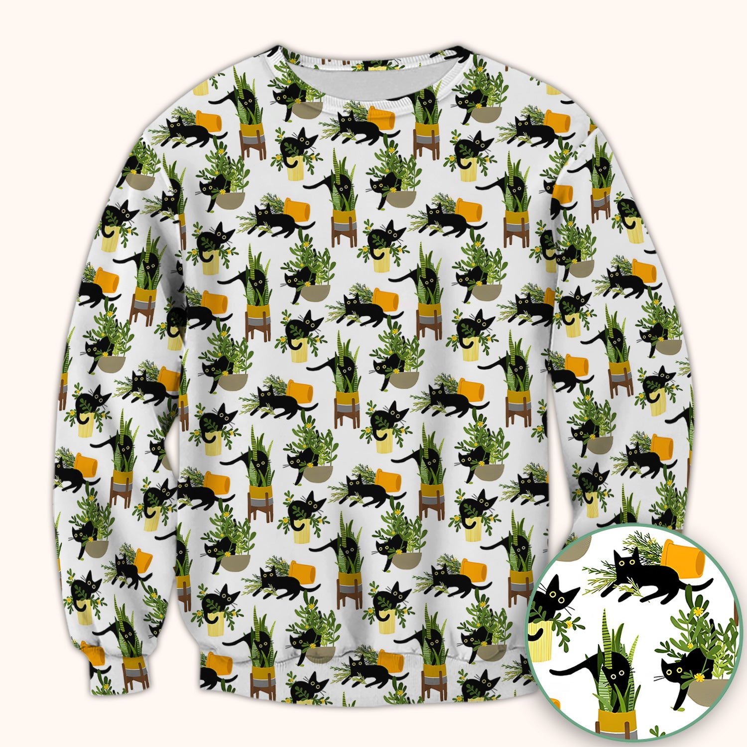 Black Cat Plant Pots Pattern Scrub Top, Comfortable Scrubs for Nurses