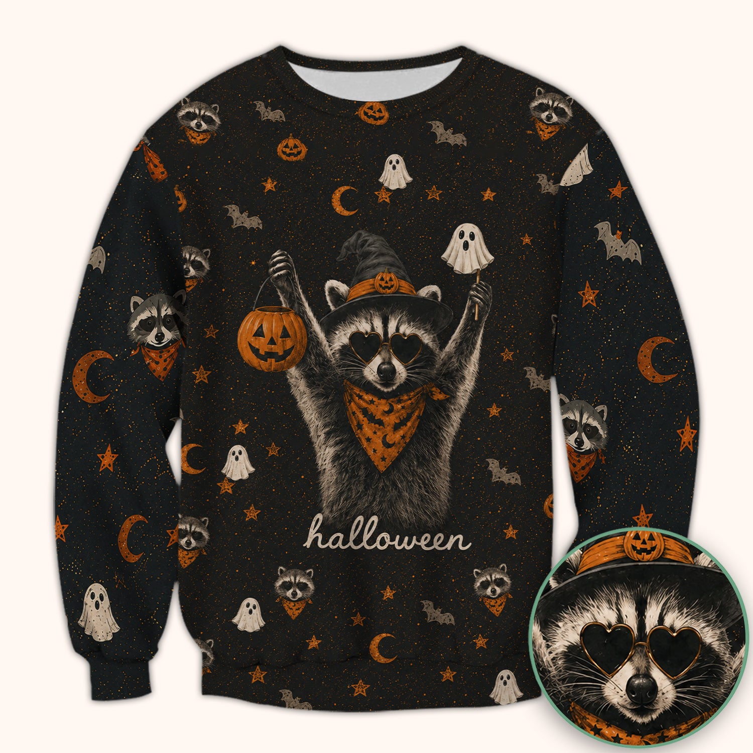Ghost Pumpkin Raccoon Pattern Scrub Top, Comfortable Scrubs for Nurses