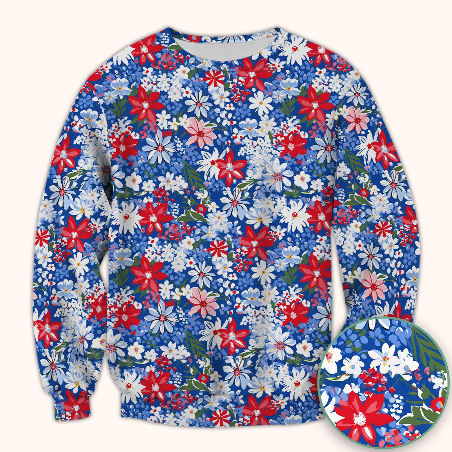 Patriotic Red White Blue Floral Garden Print Scrub Top, Comfortable Scrubs for Nurses