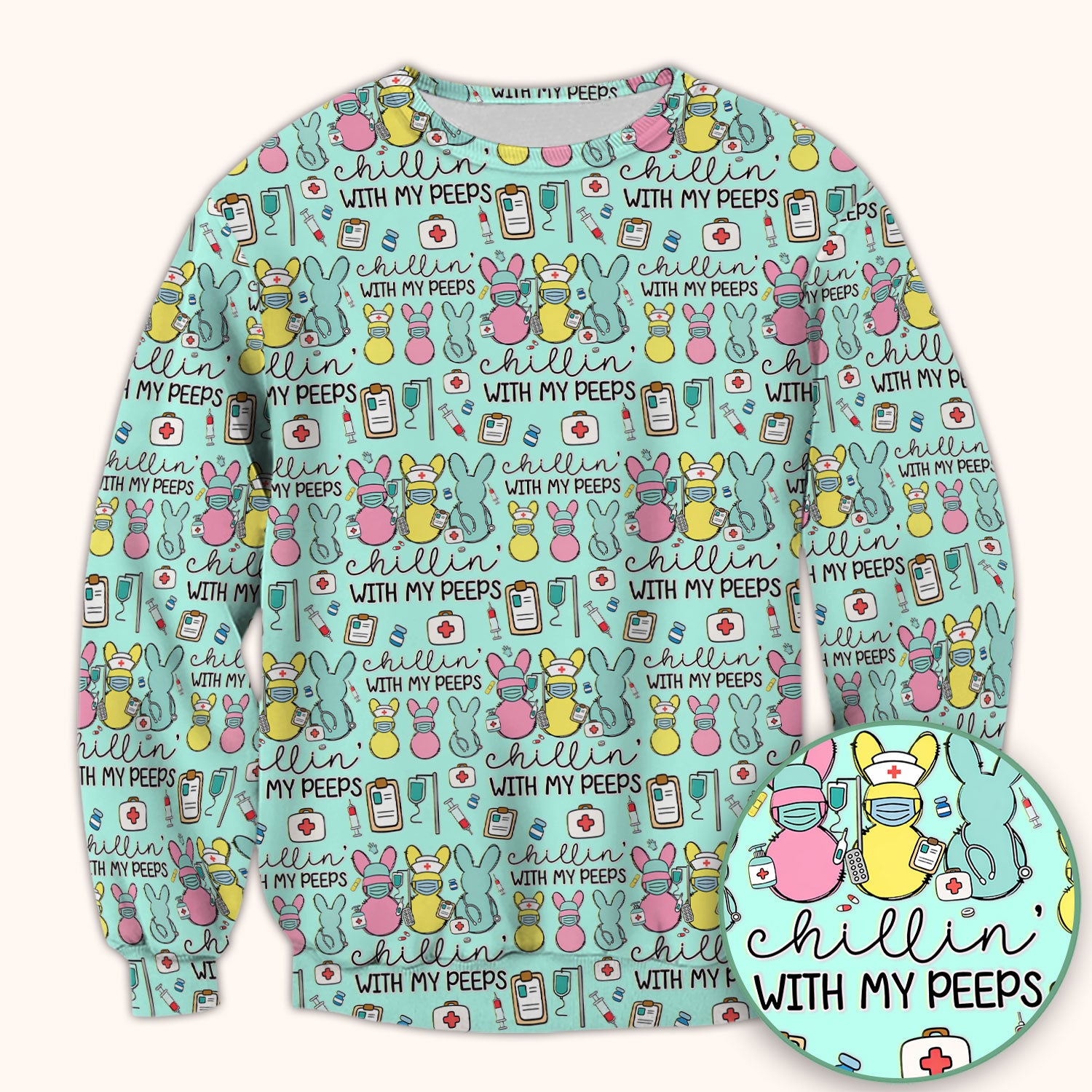 Cute Bunny Nurse Chillin With My Peeps Scrub Top, Comfortable Scrubs for Nurses, Easter