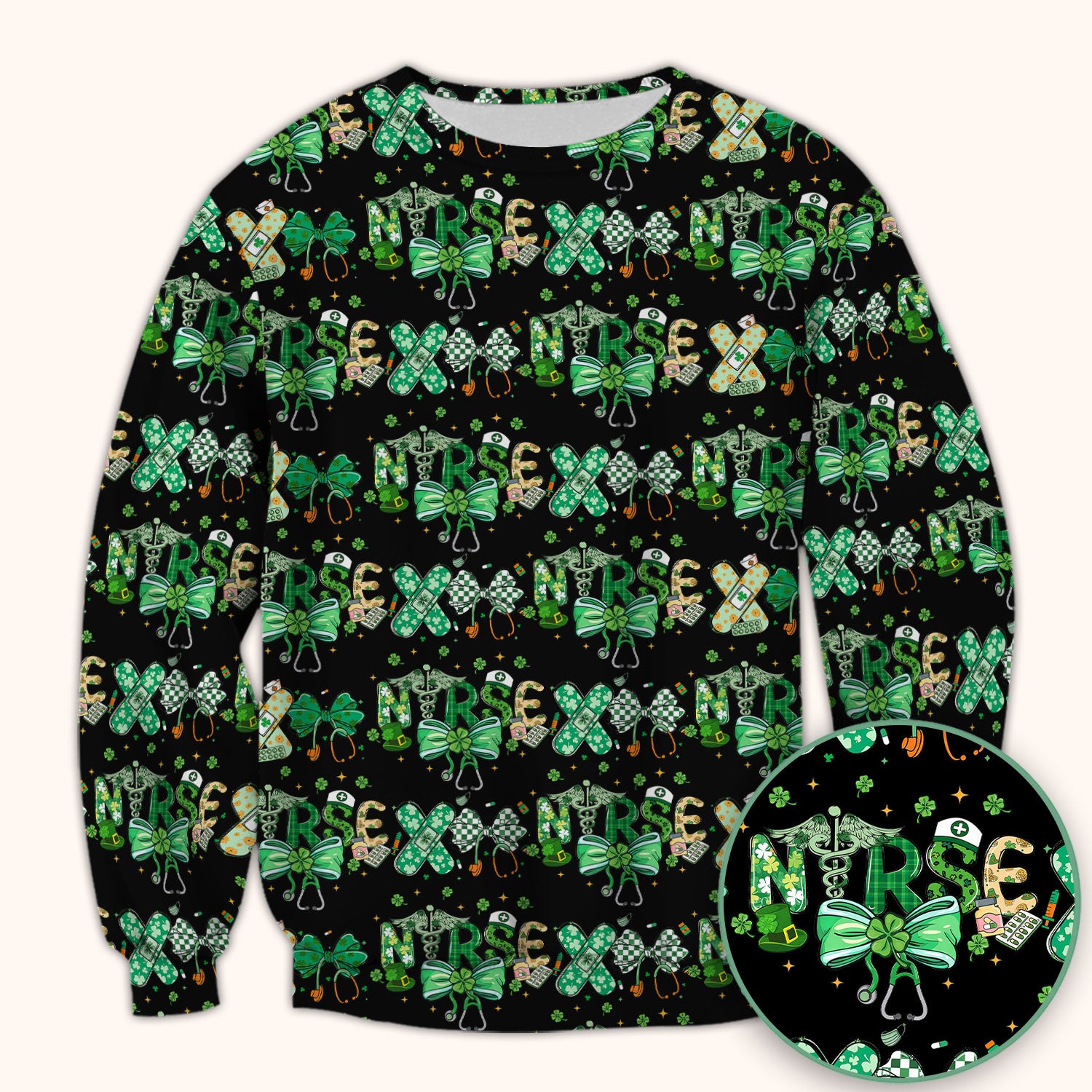 St. Patrick’s Nurse Scrub Top, Lucky Clover And Green Bow Pattern Nurse Shirt, Breathable Fabrics Nursing Uniform