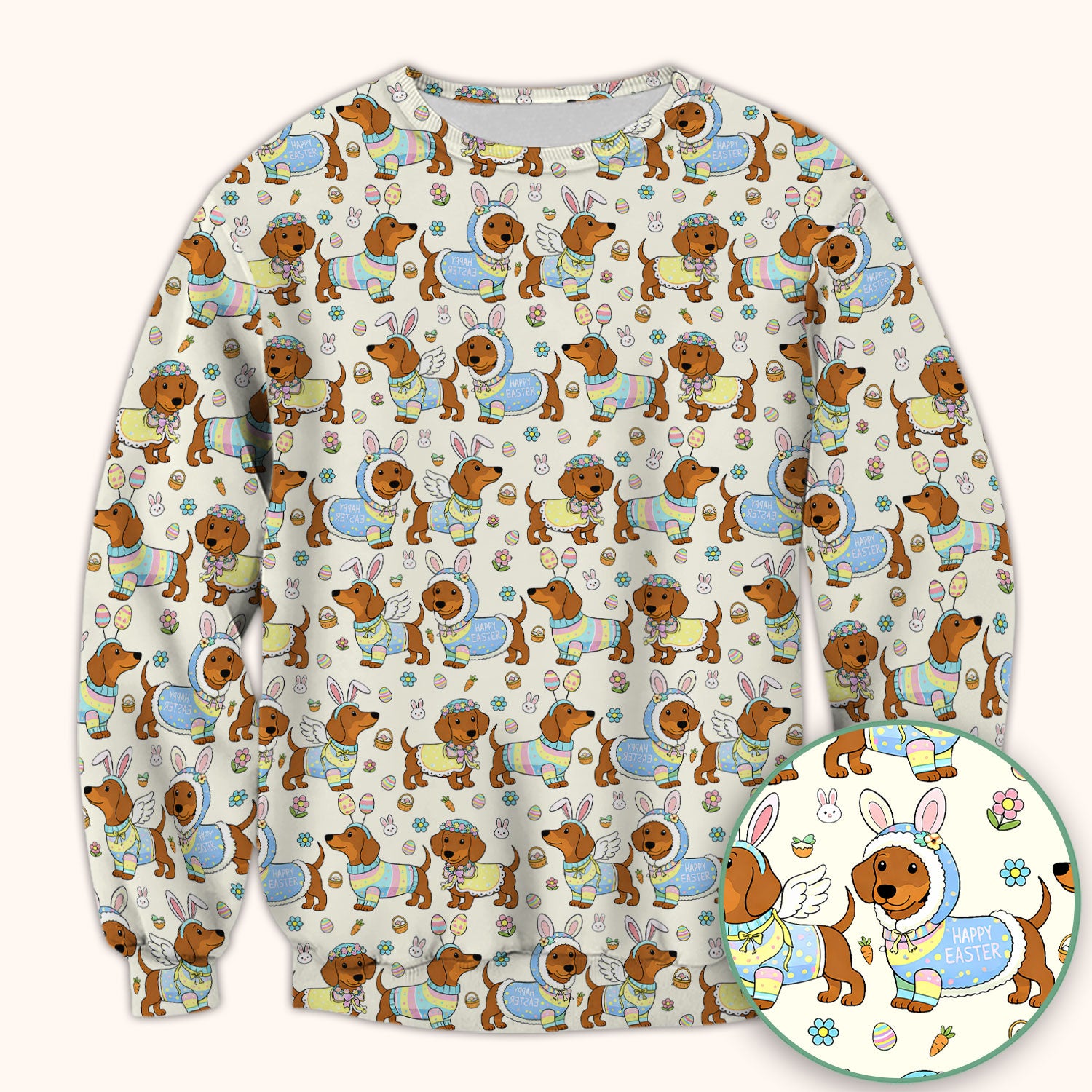 Easter Dachshund Bunny Print Scrub Top, Breathable Fabrics Nursing Uniform