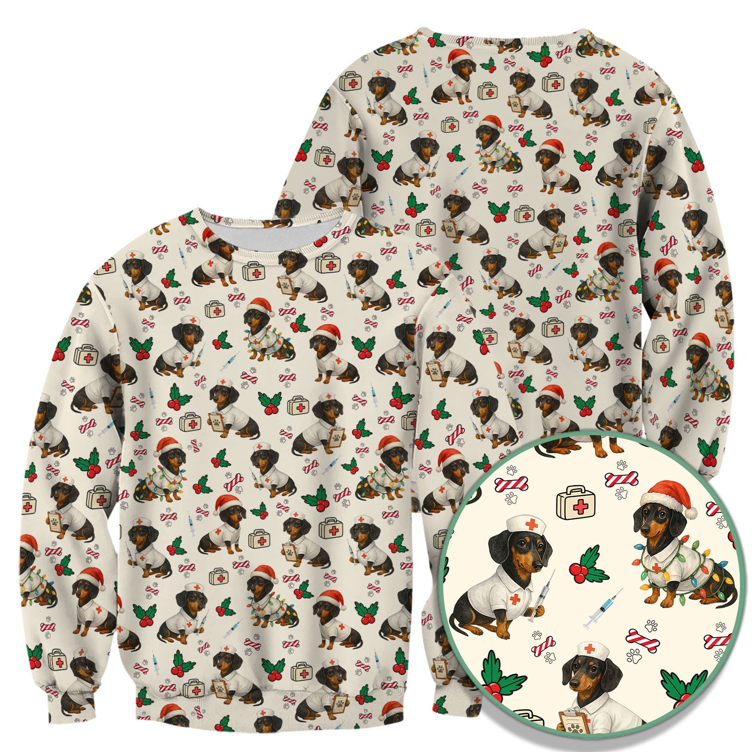 Christmas Dachshund Nurse Scrub Top - Funny Dachshund Dog Scrub Shirt Multi Color - Cute Holiday Nursing Work Shirt for Women