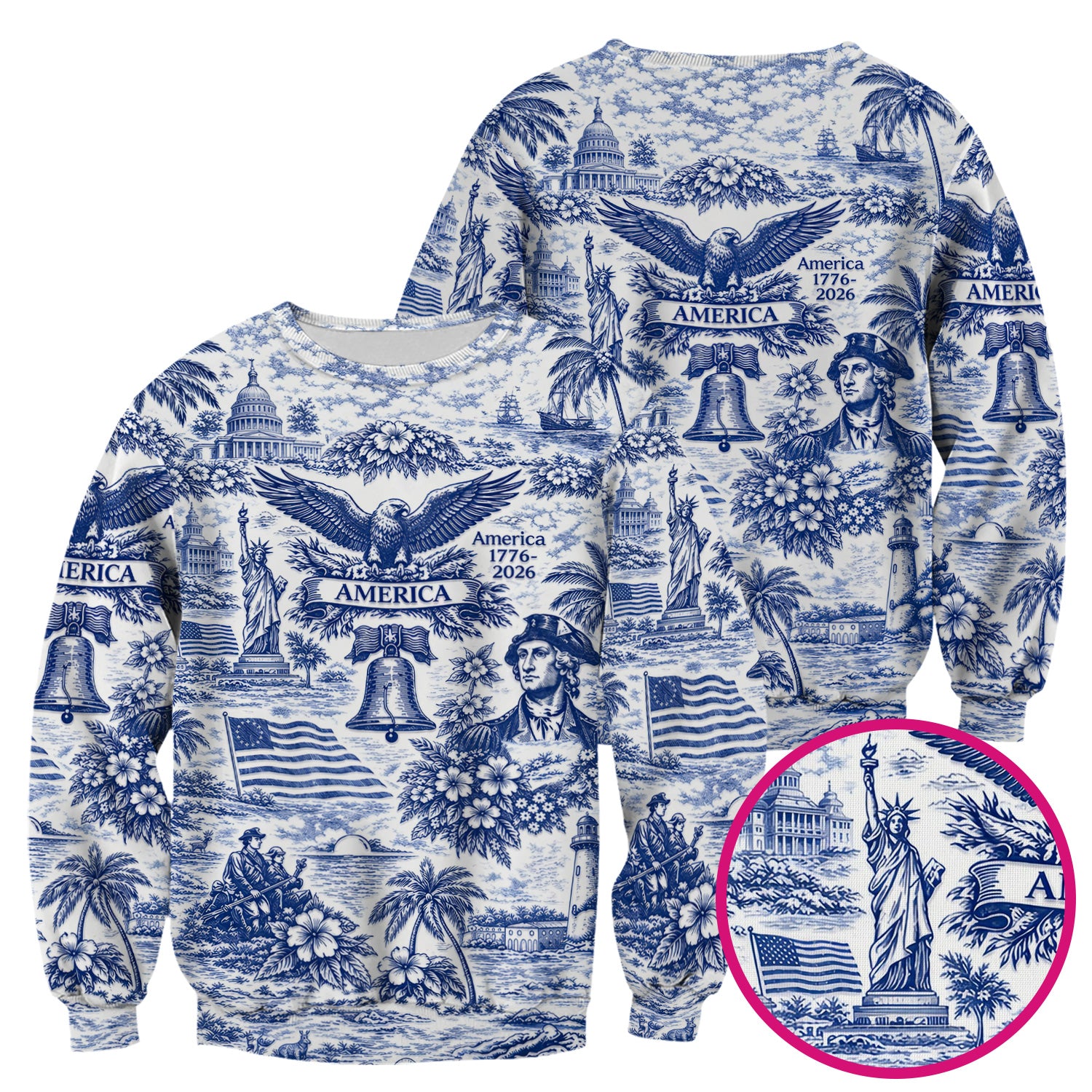 Patriotic America Heritage Toile Pattern Scrub Top, Breathable Fabrics Nursing Uniform