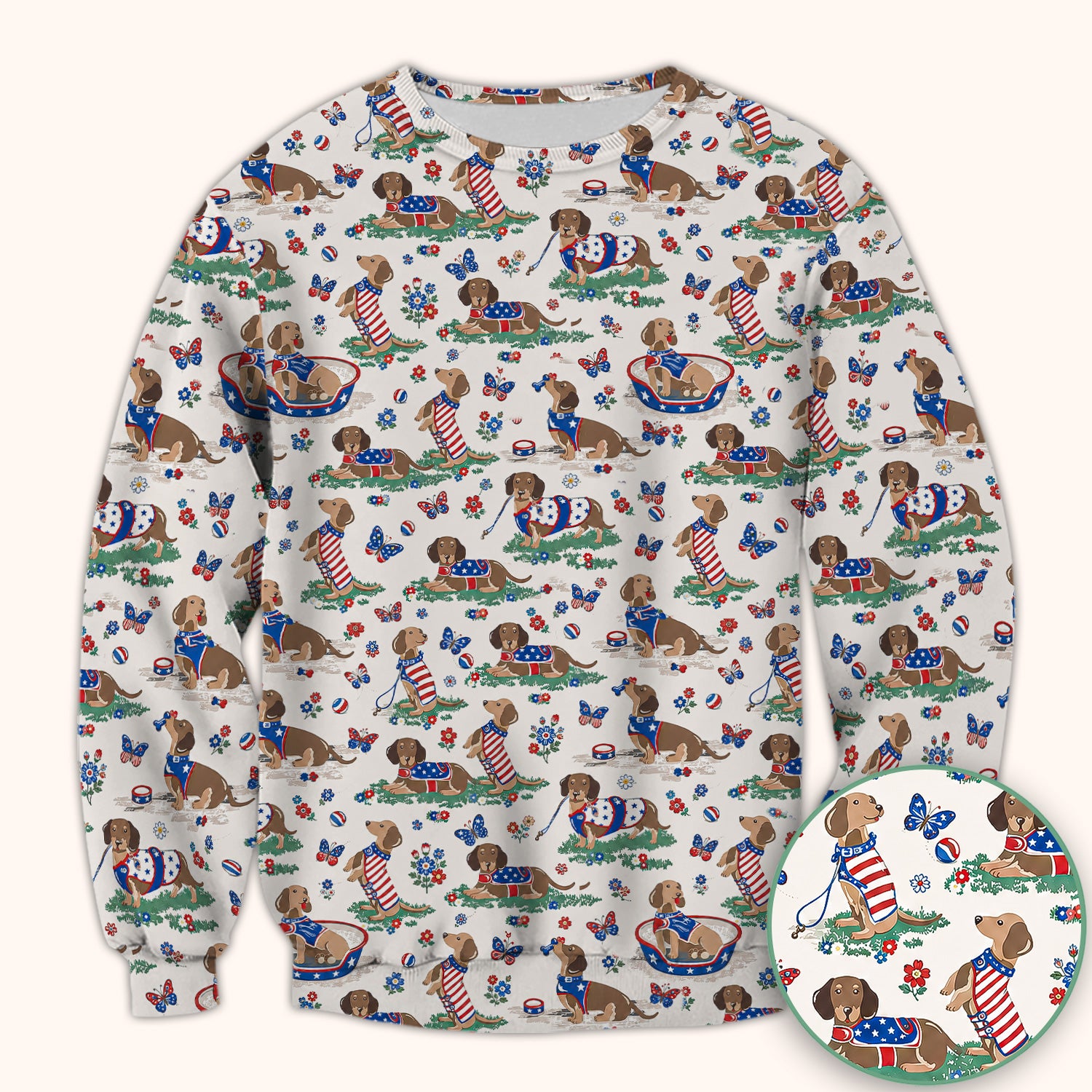 Patriotic Dachshund Garden Party Pattern Scrub Top, Comfortable Scrubs for Nurses