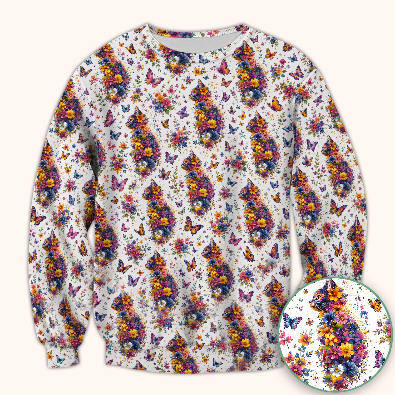 Cute Floral Cat With Butterfly Pattern Scrub Top, Comfortable Scrubs for Nurses