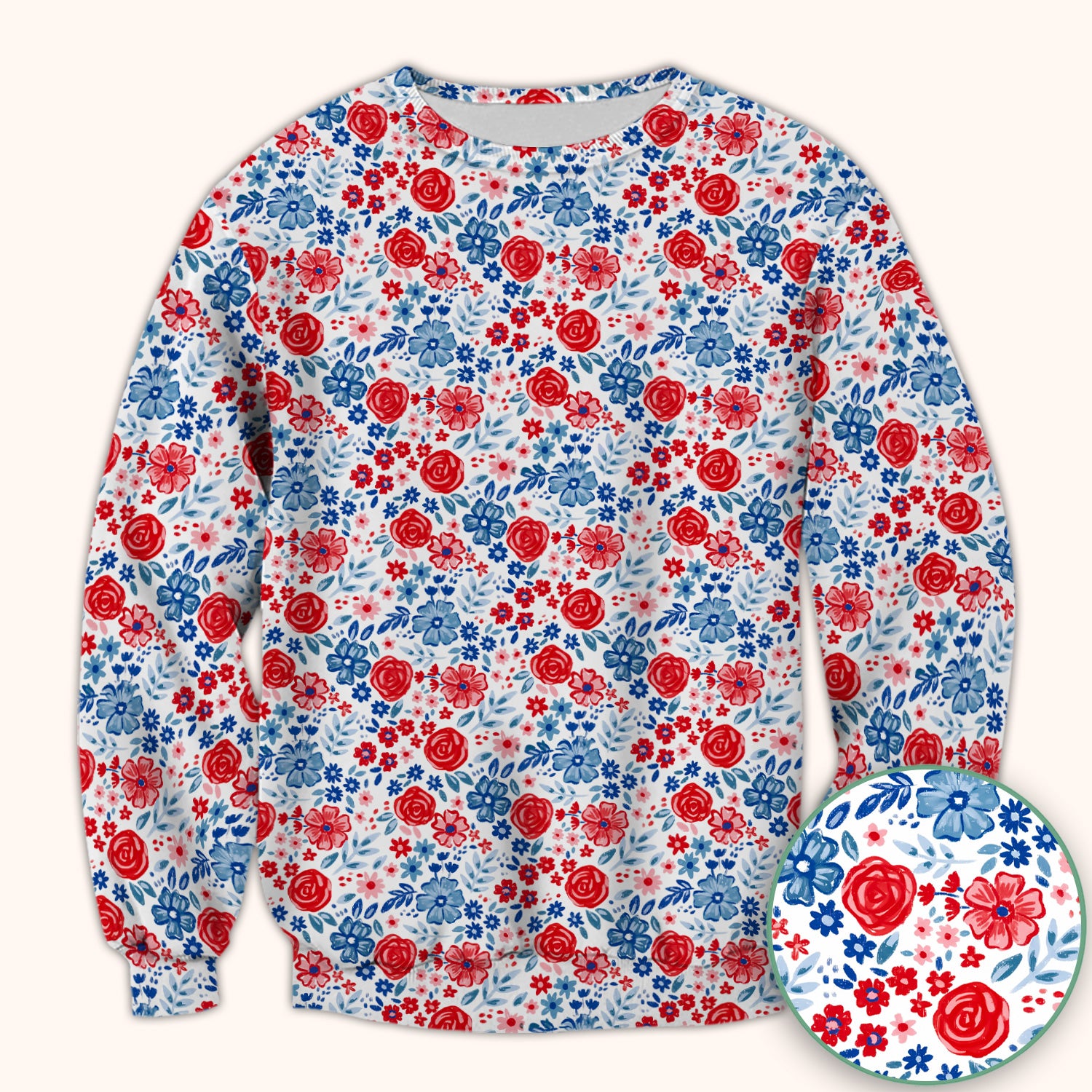 Red Blue Floral Garden Blossom Pattern Scrub Top, Comfortable Scrubs for Nurses