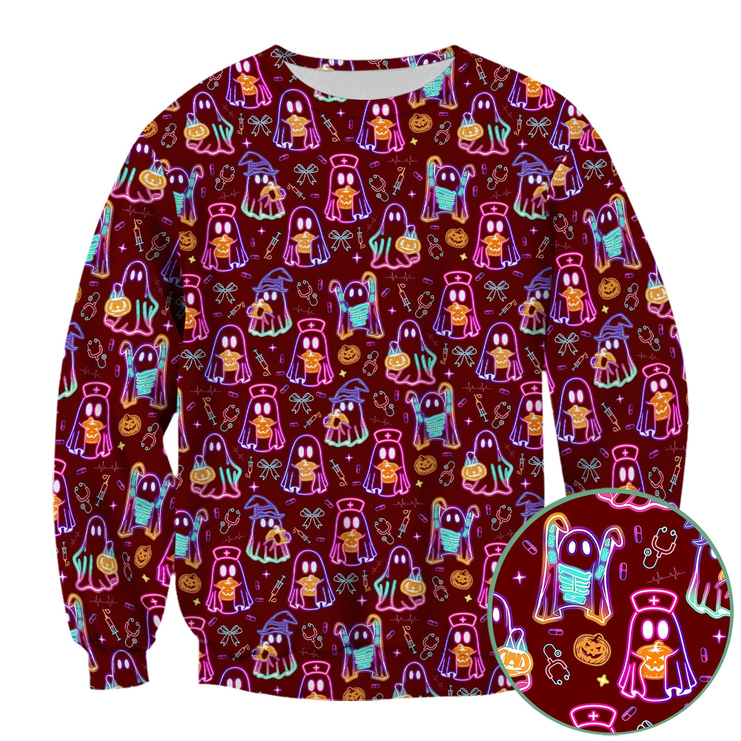 Spooky Neon Ghost Nurse Scrub Top - Halloween Pumpkin Nursing Shirt for Women - Cute Medical Uniform RN CNA LPN Gift
