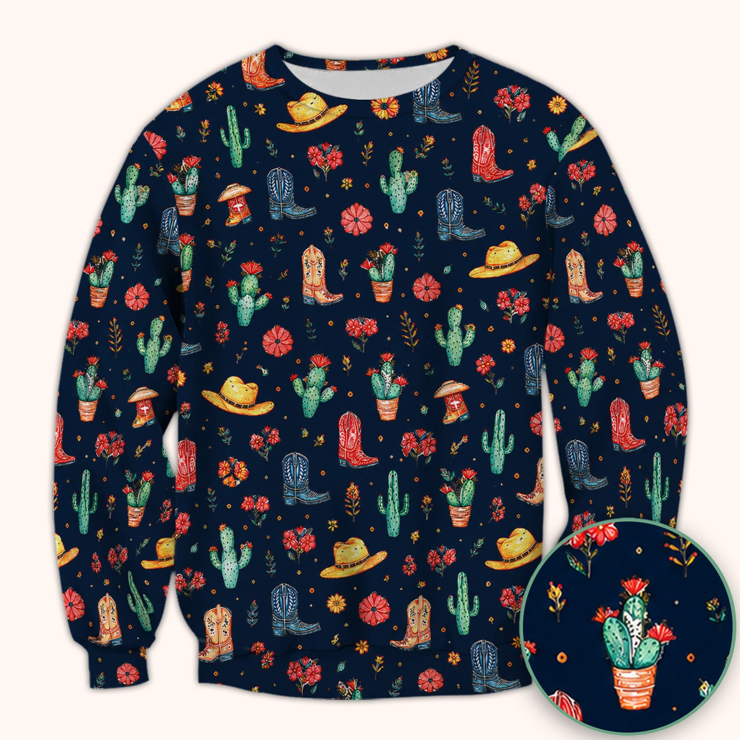 Whimsical Western Cactus Boots Pattern Scrub Top, Breathable Fabrics Nursing Uniform