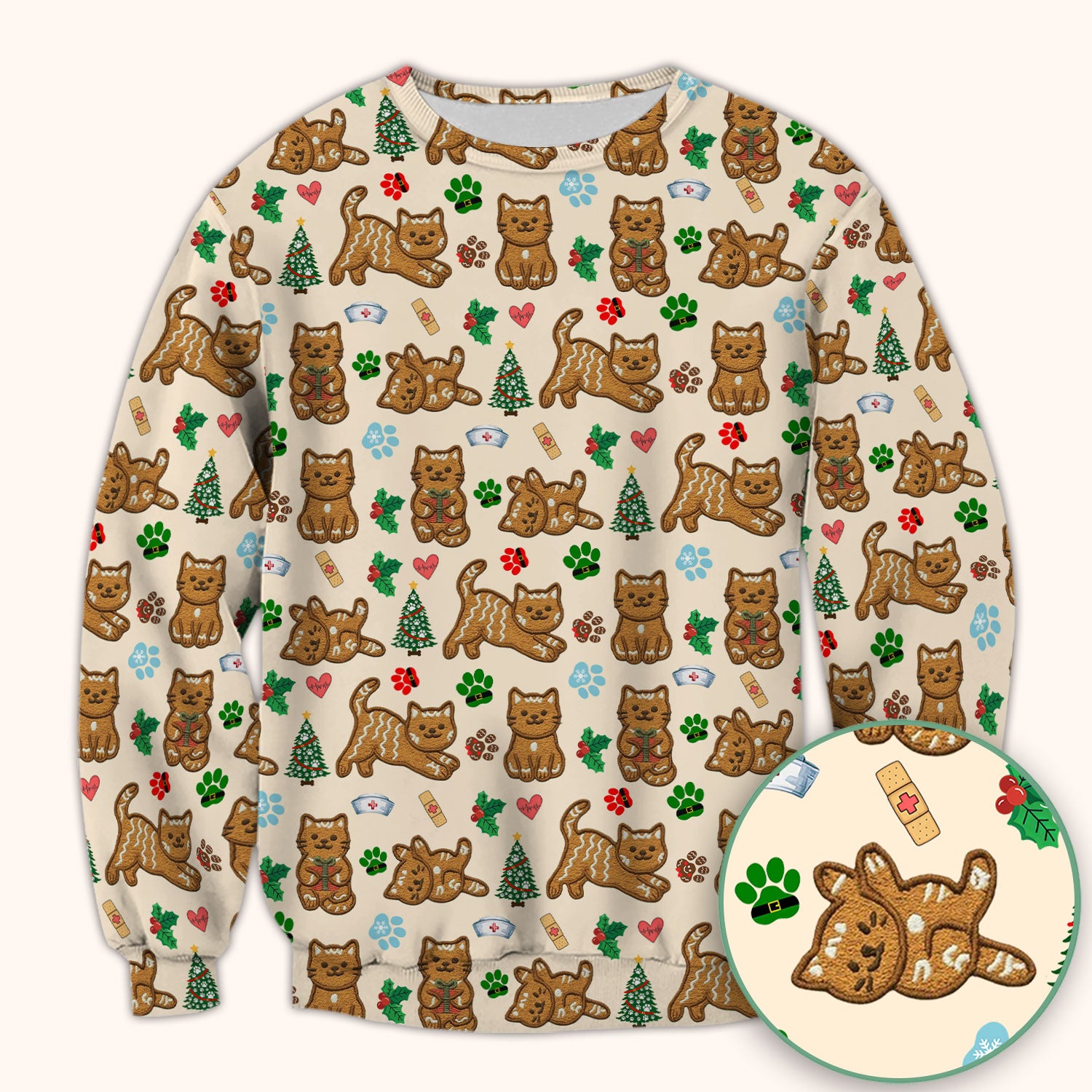 Gingerbread Cat Christmas Scrub Top, Cute Holiday Kitty Medical Uniform Shirt For Nursing, Festive Nurse Pattern