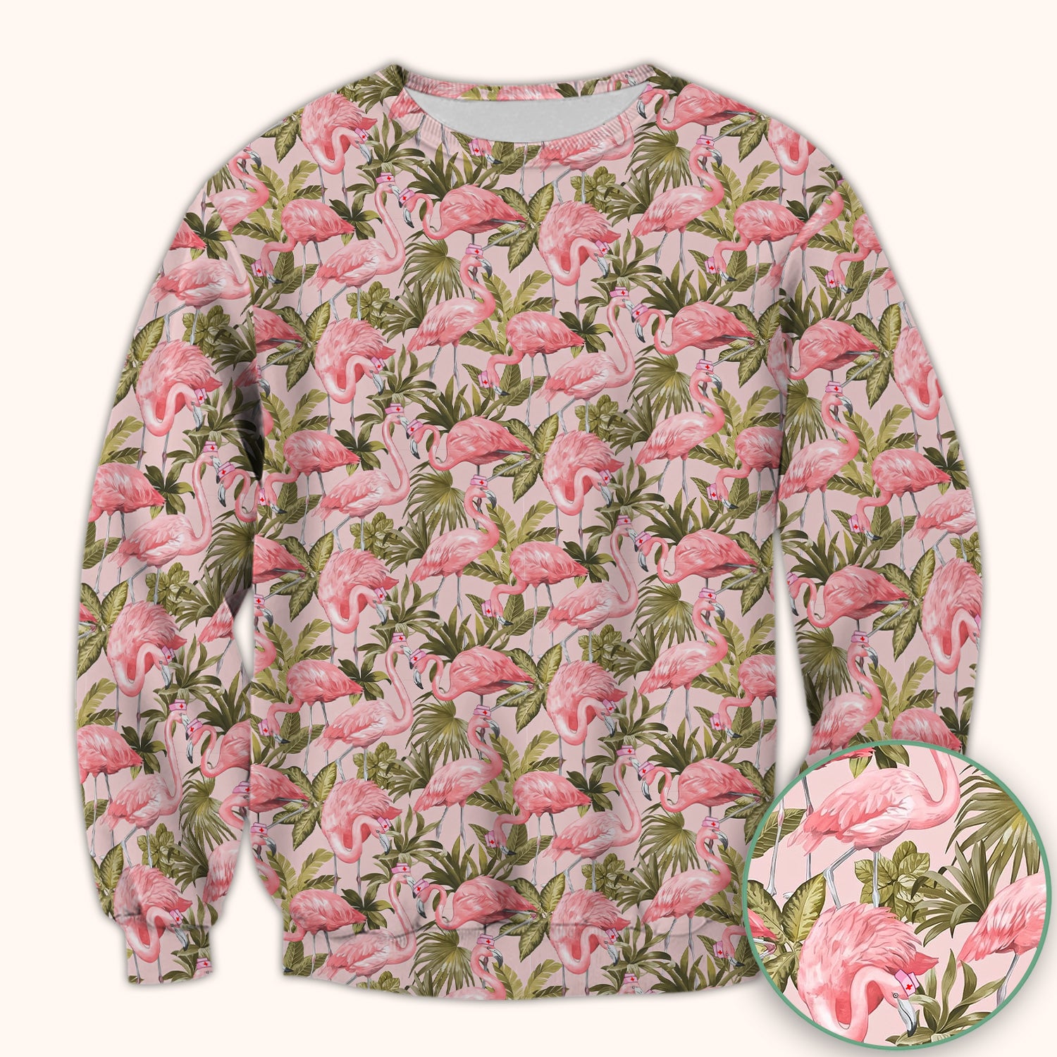 Pink Flamingo Jungle Leaves Pattern Scrub Top, Breathable Fabrics Nursing Uniform