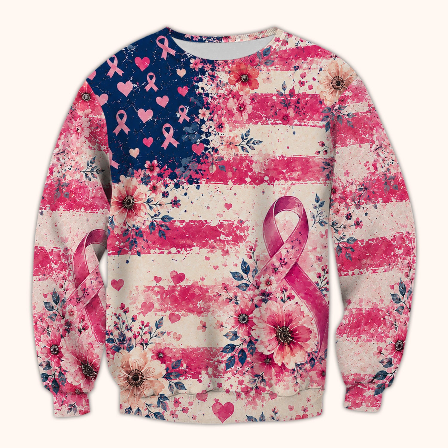 Breast Cancer Floral Flag Nurse Scrub Top for Oncology RN, Pink Ribbon Awareness Uniform