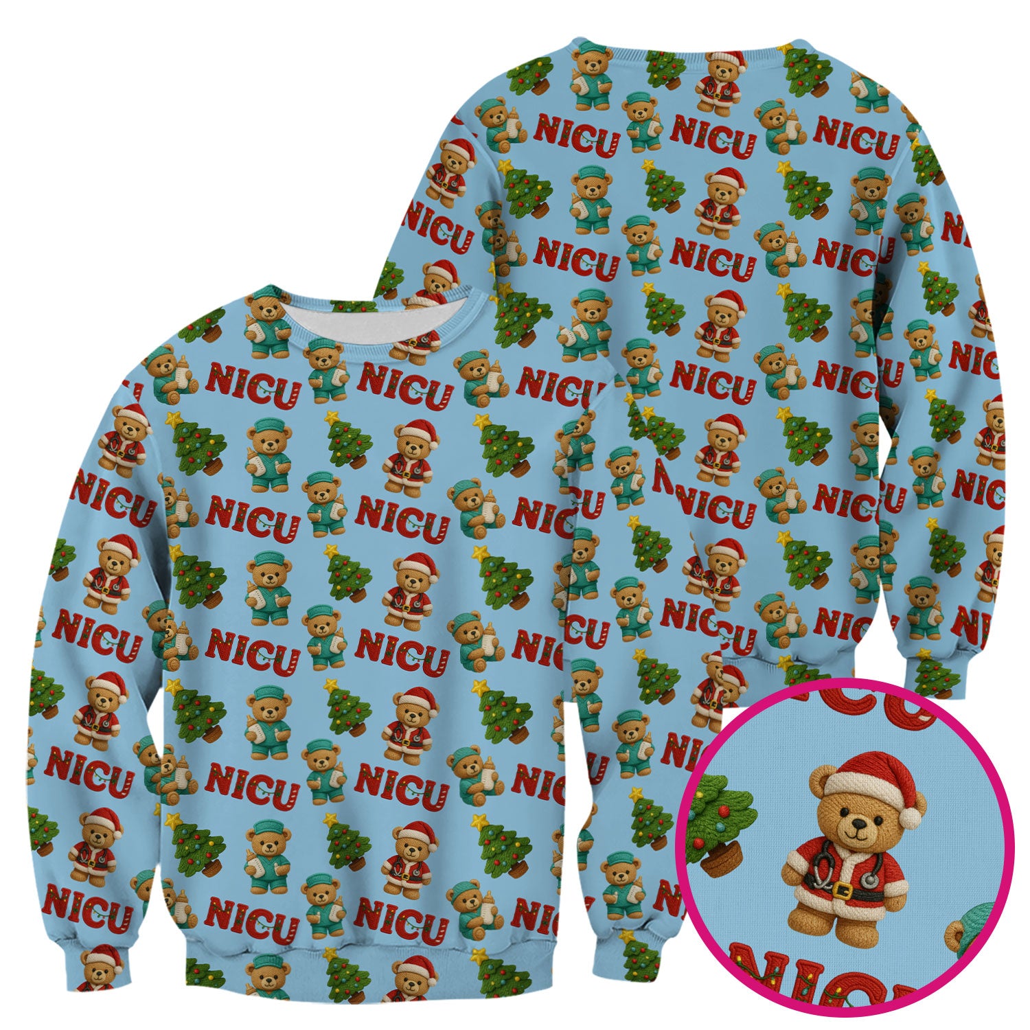 Festive Christmas NICU Nurse Teddy Bear Pattern, Breathable Fabrics Nursing Uniform