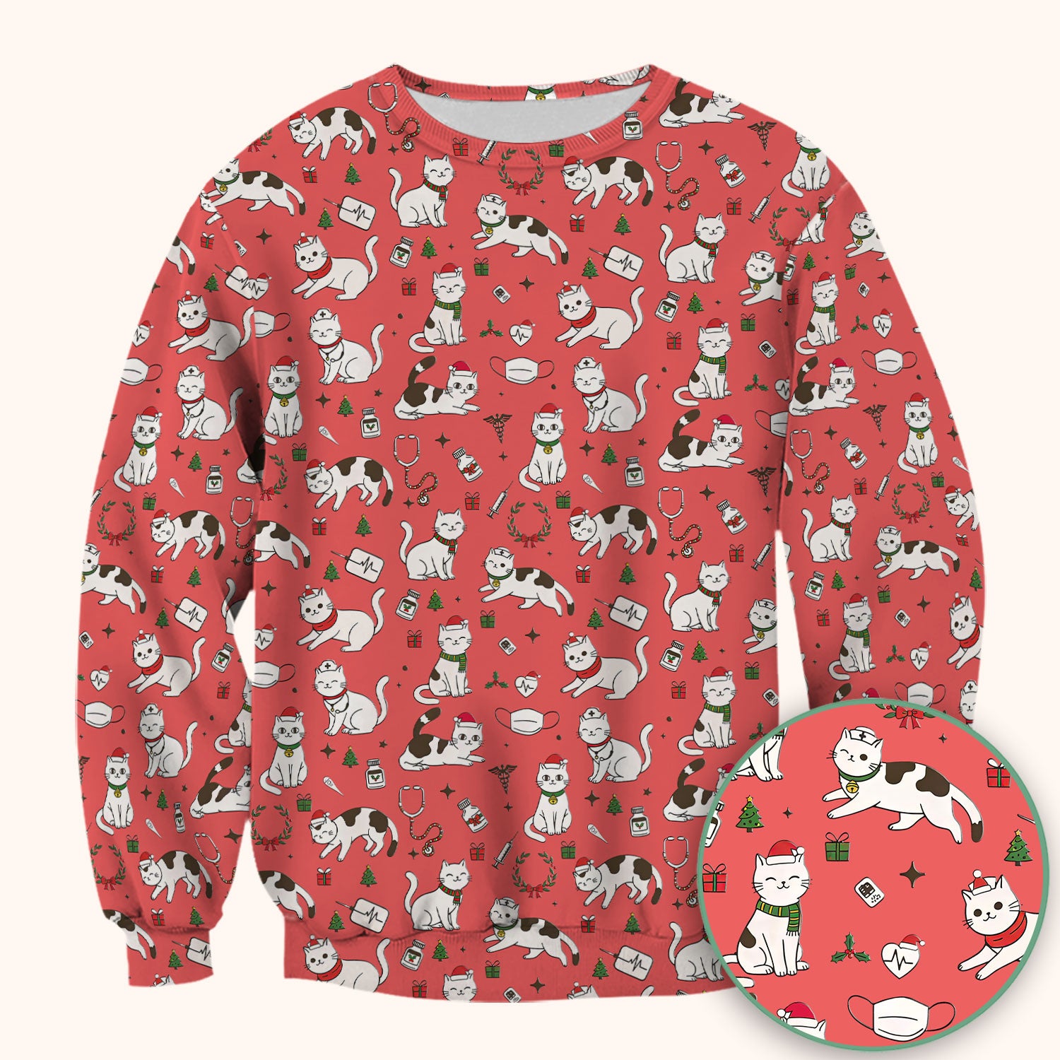 Christmas Cat Scrub Top – Festive Nurse & Holiday Kitty Pattern – Cute Medical Uniform for Nurses, Vets and Healthcare Workers
