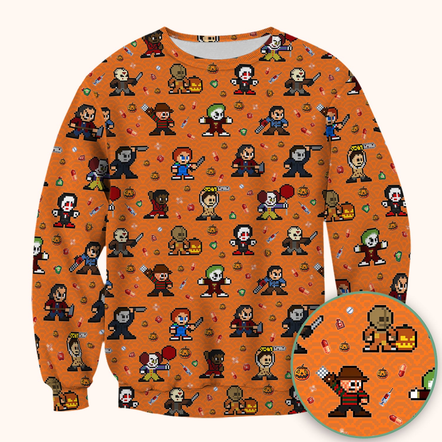 Halloween Horror Pixel Scrub - Retro Scary Character Med Uniform - Comfortable Scrubs for Nurses - Spooky Gift for RN LPN CNA