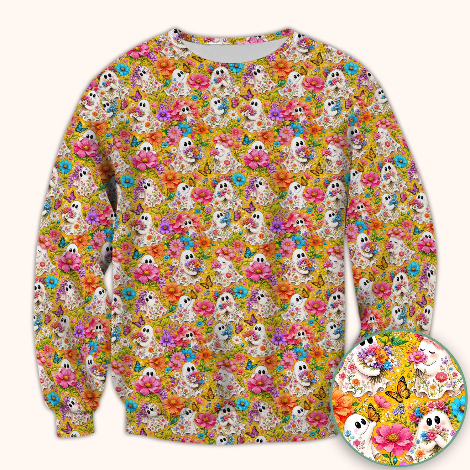 Cute Floral Ghosts And Butterflies Scrub Top, Comfortable Scrubs for Nurses
