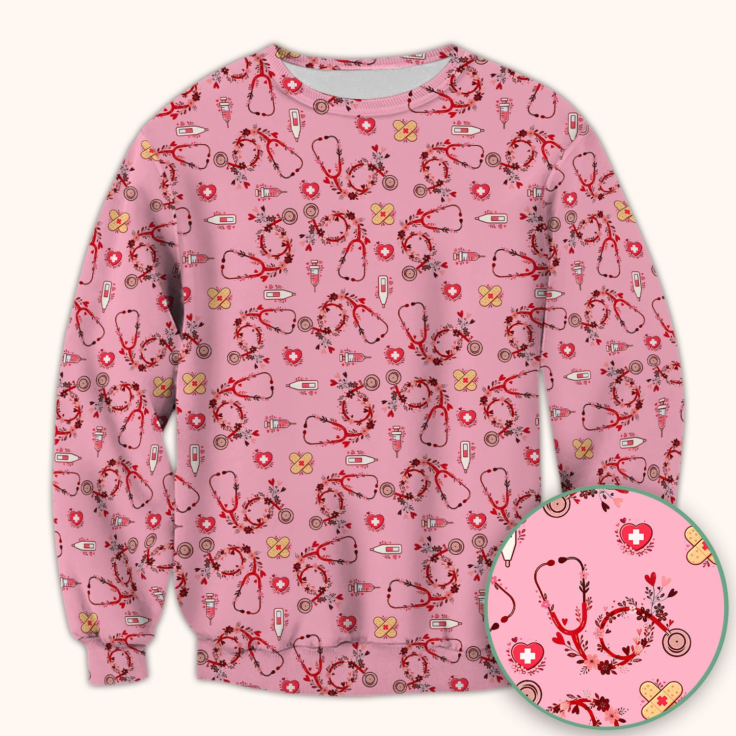 Heart Stethoscope Medical Pattern Scrub Top, Breathable Fabrics Nursing Uniform